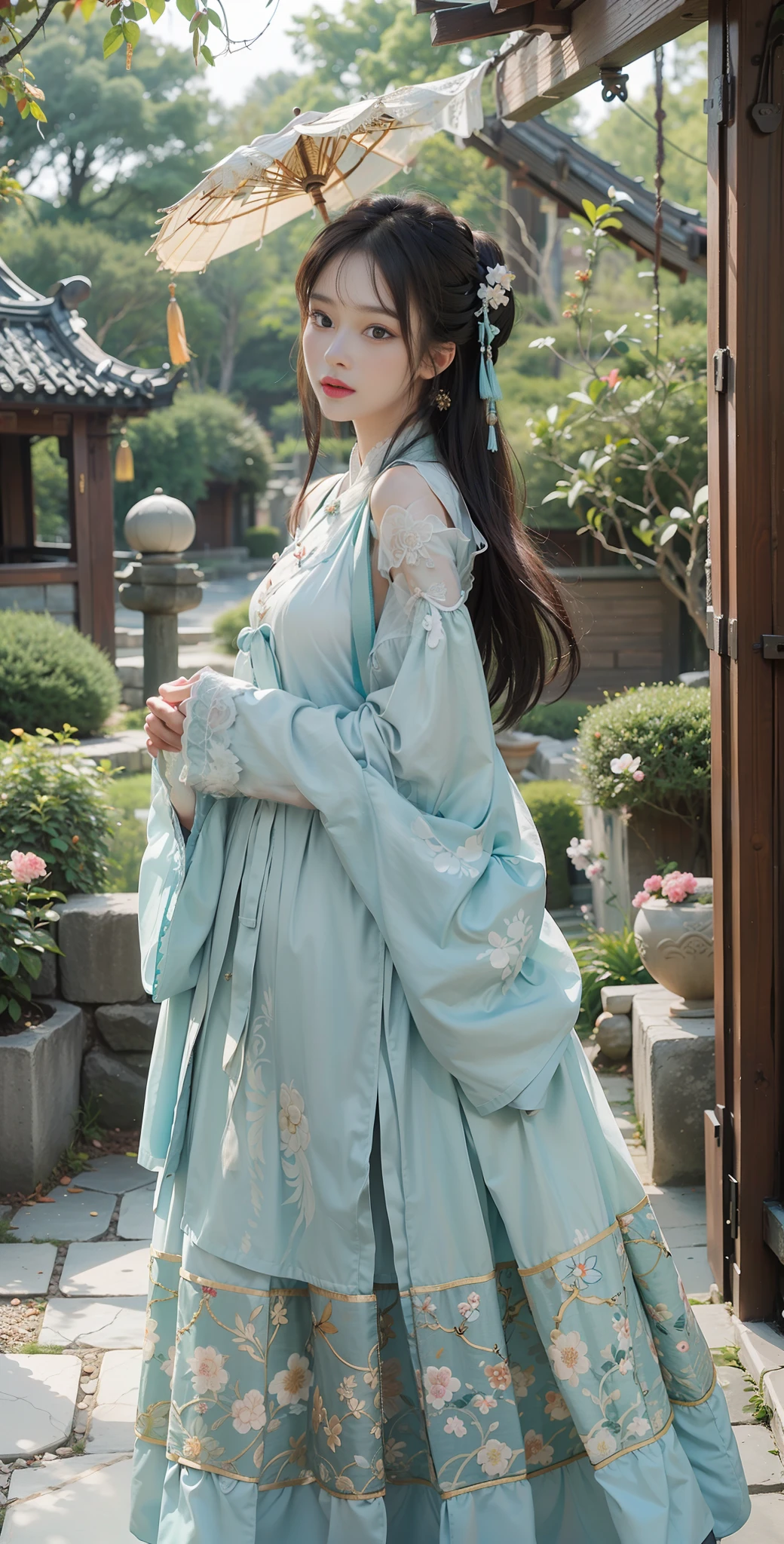 ulzzang-6500-v1.1, (raw photo:1.2), (photorealistic:1.4), beautiful and detailed girl, very detailed eyes and face, beautiful detailed eyes, absurd, incredibly ridiculous, huge file size, super detailed, high resolution, very detailed, best quality, masterpiece, kemomimi, ((Chinese woman wears Hanfu, silk, lace)), wears Chinese Hanfu, ((cyan stockings)) lively pose, facing the viewer, medium breasts, of the best quality, inlaid with a wooden grid of this translucent painting. Outside the window are Chinese Garden, Suzhou Garden, Rockery, Slate Floor Corridor, Pool, Maple Tree, (Tile Roof: 1.3), Gazebo, (Stone Eaves: 1.4), Stone Fence, (White Wall), Spring View, Lush Trees, Plants, Viewer's View, CG, Unity, 8k Wallpaper, Amazing, Fine Details, Masterpiece, Best Quality, Very Detailed CG Uniform 8k Wallpaper, Light on Face, Movie Lighting, 1girl, Full Body, Sexy, Bare Shoulder