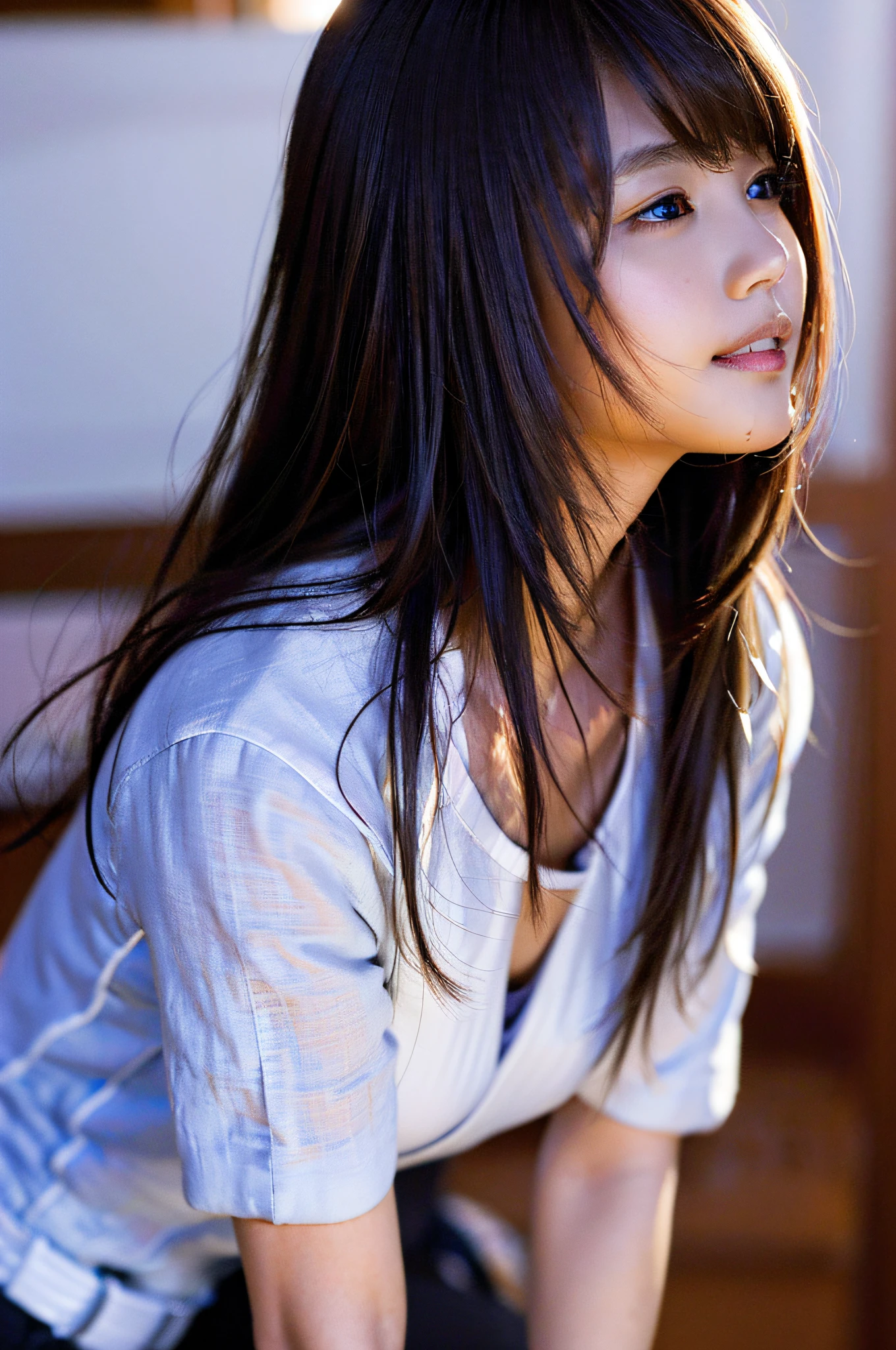 (8k, RAW photo, best quality, masterpiece:1.2), (realistic, photo-realistic:1.37), ultra-detailed, ultra high res,1 girl,looking at viewer,beautiful detailed face,smile,narrow,(slim waist:1.3),shirt, beautiful detailed skin, skin texture, floating hair,professional lighting,