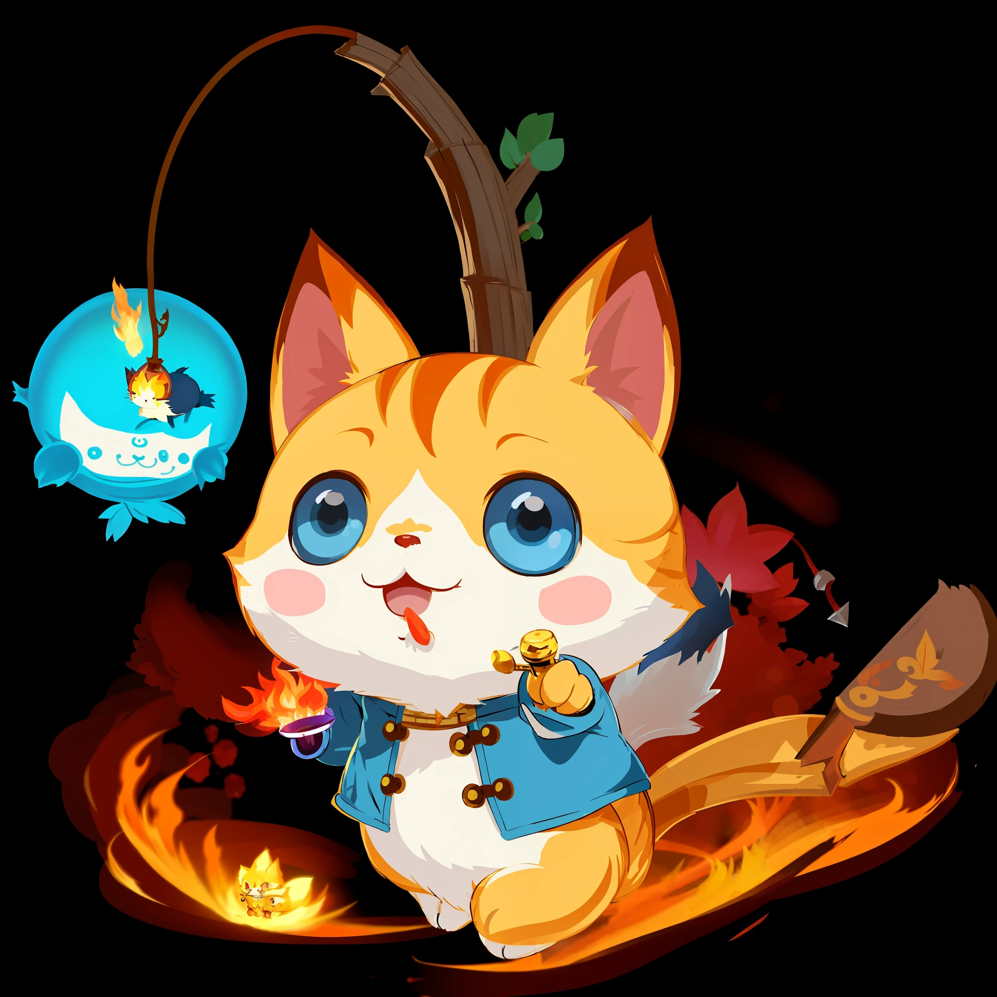 anime cat with a fish and a fire stick, character art of maple story, fox from league of legends chibi, world boss kitten, kitsune holding torch, maplestory mouse, sora as a cat, cute detailed digital art, anime cat, mobile game art, cute digital art, by Kanbun Master, maplestory, teemo, hero 2 d fanart artsation