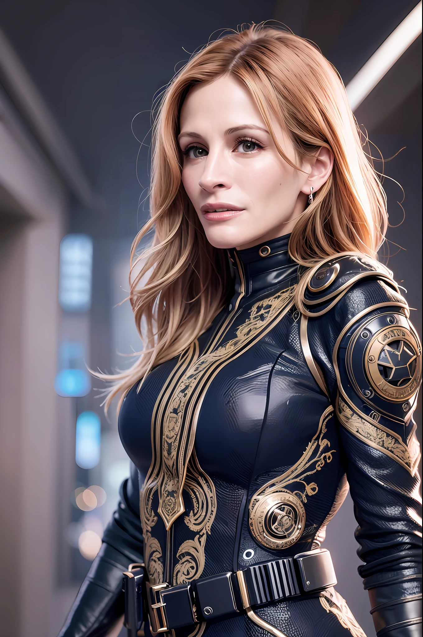 High definition picture quality, 8k photo, intricate details: 1.2, cinematic lighting, actress Julia Roberts, cyberpunk , , , , --q 1, DSLR --v 6 --s2