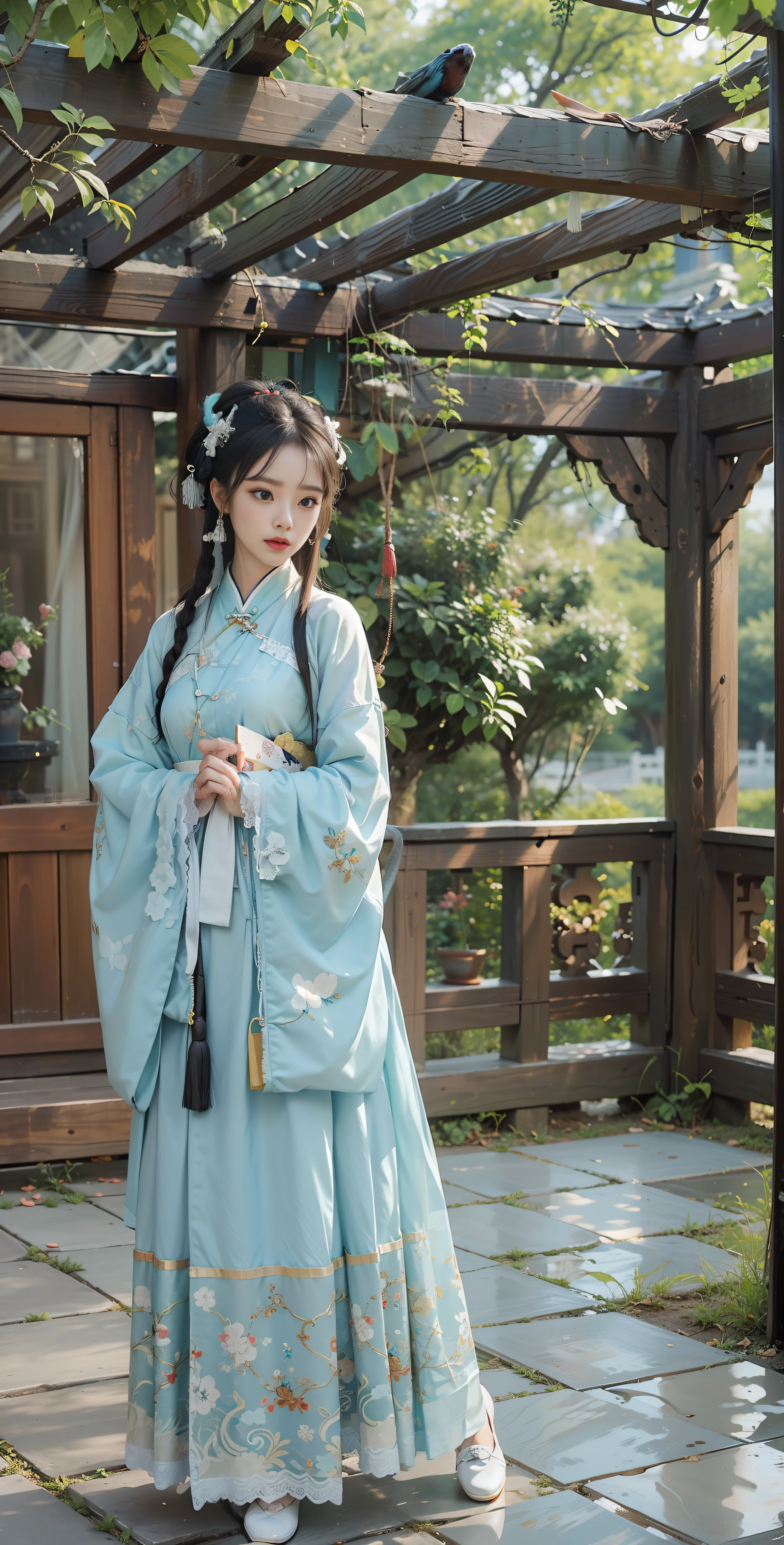 ulzzang-6500-v1.1, (raw photo:1.2), (photorealistic:1.4), beautiful and detailed girl, very detailed eyes and face, beautiful detailed eyes, absurd, incredibly ridiculous, huge file size, super detailed, high resolution, very detailed, best quality, masterpiece, kemomimi, ((Chinese woman wears Hanfu, silk, lace)), wears Chinese Hanfu, ((cyan stockings)) lively pose, facing the viewer, medium breasts, of the best quality, inlaid with a wooden grid of this translucent painting. Outside the window are Chinese Garden, Suzhou Garden, Rockery, Slate Floor Corridor, Pool, Maple Tree, (Tile Roof: 1.3), Gazebo, (Stone Eaves: 1.4), Stone Fence, (White Wall), Spring View, Lush Trees, Plants, Viewer's View, CG, Unity, 8k Wallpaper, Amazing, Fine Details, Masterpiece, Best Quality, Very Detailed CG Uniform 8k Wallpaper, Light on Face, Movie Lighting, 1girl, Full Body, Sexy, Bare Shoulder