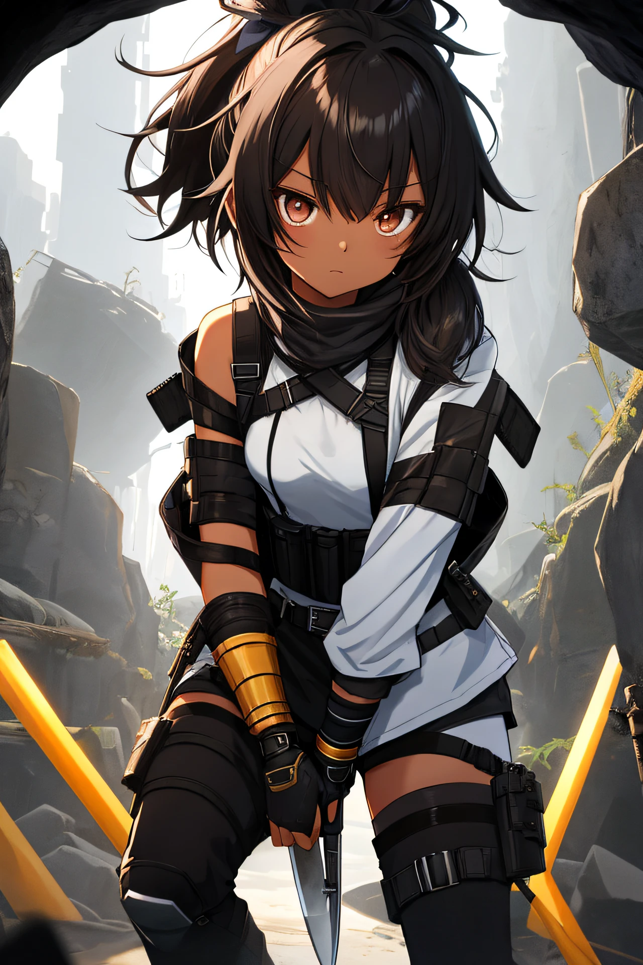 Young cute anime girl, black hair, black eyes, jito eyes, brown skin, brownish skin, tanned skin, brown skin, glowing skin, big eyes, short ponytail, (short ponytail: 1.4), asymmetrical bangs, hair above left eye, sideburns, slender, flat breasts, small breasts, breasts, short stature, detailed anime style, anime paint, digital drawing, anime face, high quality, high detail, Ultra High Resolution, 8K, Sharpness, Sharp Contours, Full Body, Perfect Anatomy, Golden Ratio, Low Rise Pants, Sleeveless Shirt, Blush, Expressionless, Over-Knee Socks, In a Dim Cave, Gauntlet, Glebe, Knuckle Guard Gloves, Knife Holster, Thigh Knife Holster, Upper Arm Knife Holster, Body Bag, One Shoulder Bag, Neck warmers, half boots, leather jacket, ninja, expressionless, eyes looking at garbage