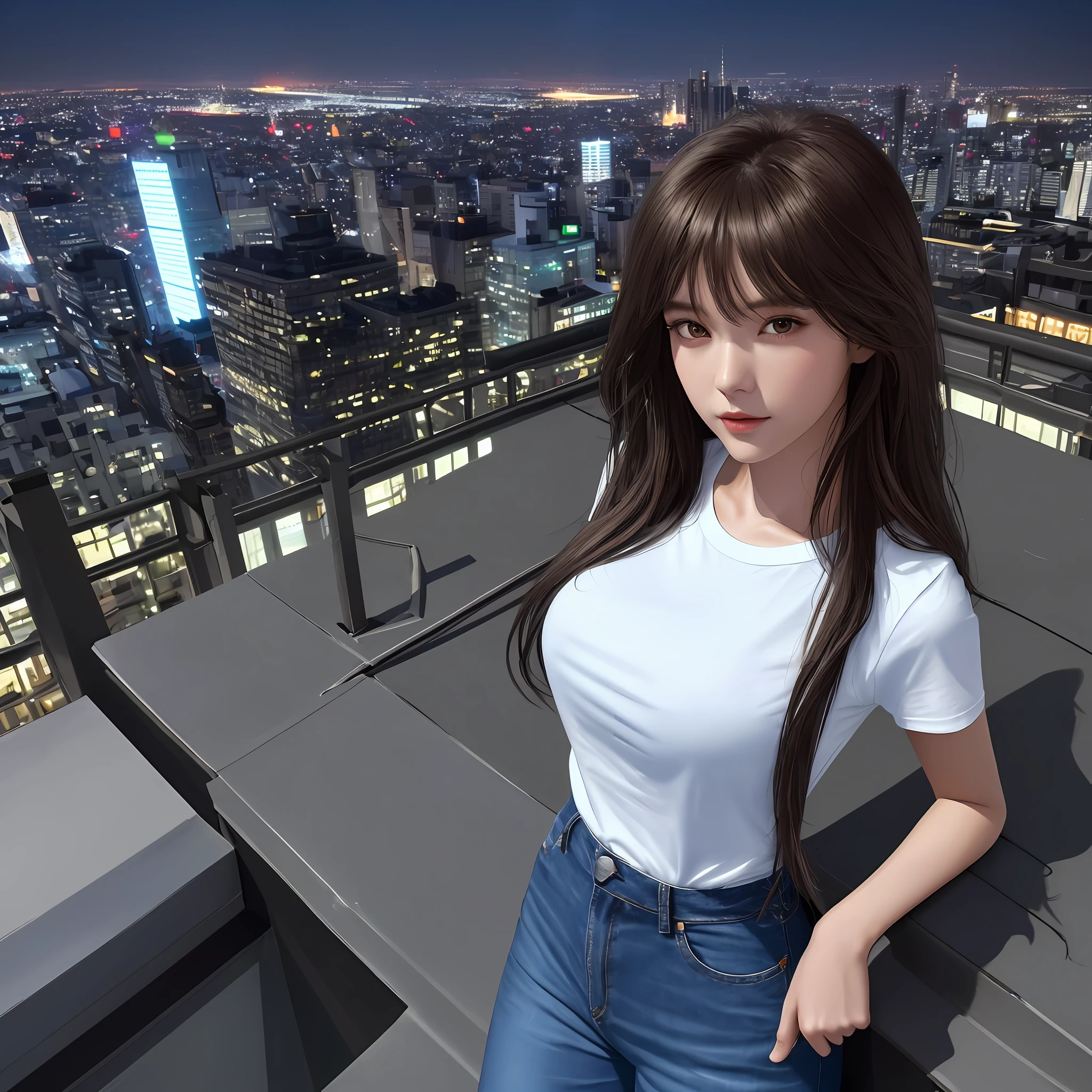 ((Midnight, Best Quality, 8k, Masterpiece: 1.3)), Full Body, Long Legs, Sharp Focus: 1.2, Pretty Woman with Perfect Figure: 1.4, Slender Abs: 1.1, ((Dark Brown Hair, Big: 1.2)), (White Tight T-Shirt, Jean Bib, Standing: 1.2), ((Night City View, Rooftop: 1.3)), Highly Detailed Face and Skin Texture, Detailed Eyes, Double Eyelids