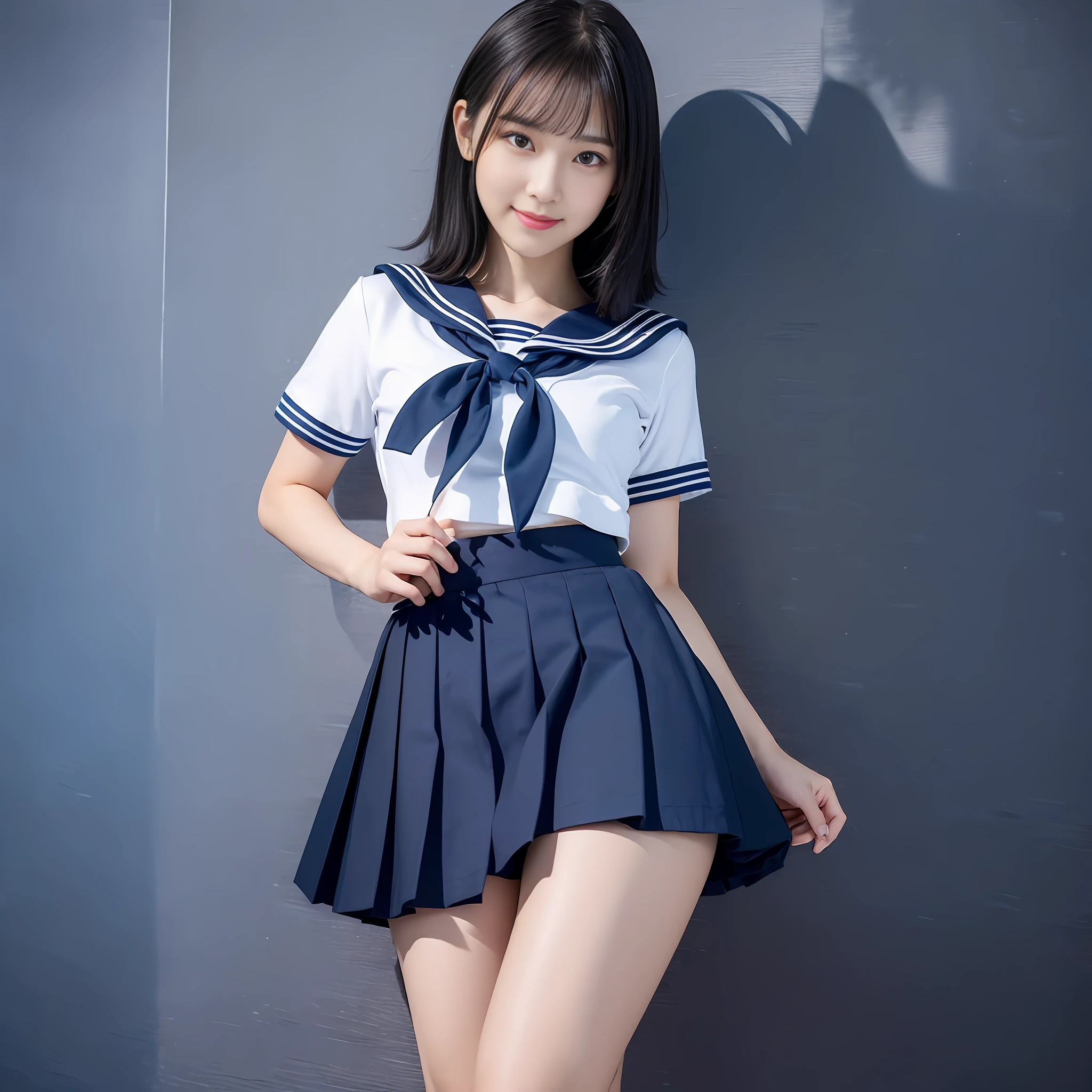 (Top Quality, 8k, 32k, Masterpiece, UHD: 1.3), Cute Japan Woman Pictures, 1 Girl, (Beautiful: 1.2), Abs, Perfect Body, Super Detailed Face, Detailed Lips, Detailed Eyes, Double Eyelids, ((School Uniform, White Sailor Suit, Navy Blue Skirt)), Smile, 16 Years Old, High School Student, Slim Figure, Constricted Waist, (Black Hair Short, Straight Hair)), ((((Dark Blue Skirt))) Short sleeve