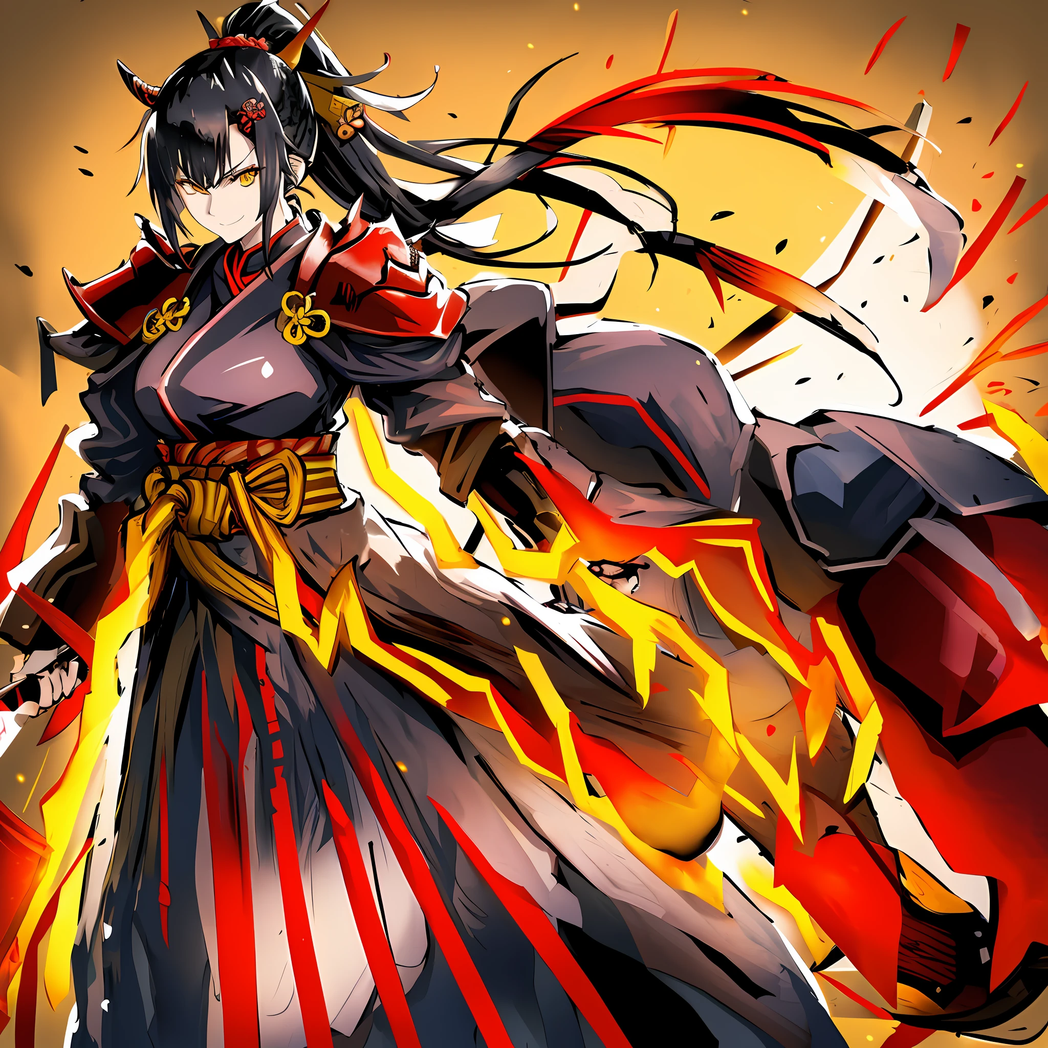 woman wearing red and black samurai armor, holding a katana, black hair, ponytail, yellow eyes, confident smile, she has yellow horns. Full body, detailed face, full moon in the background, facing off against monsters