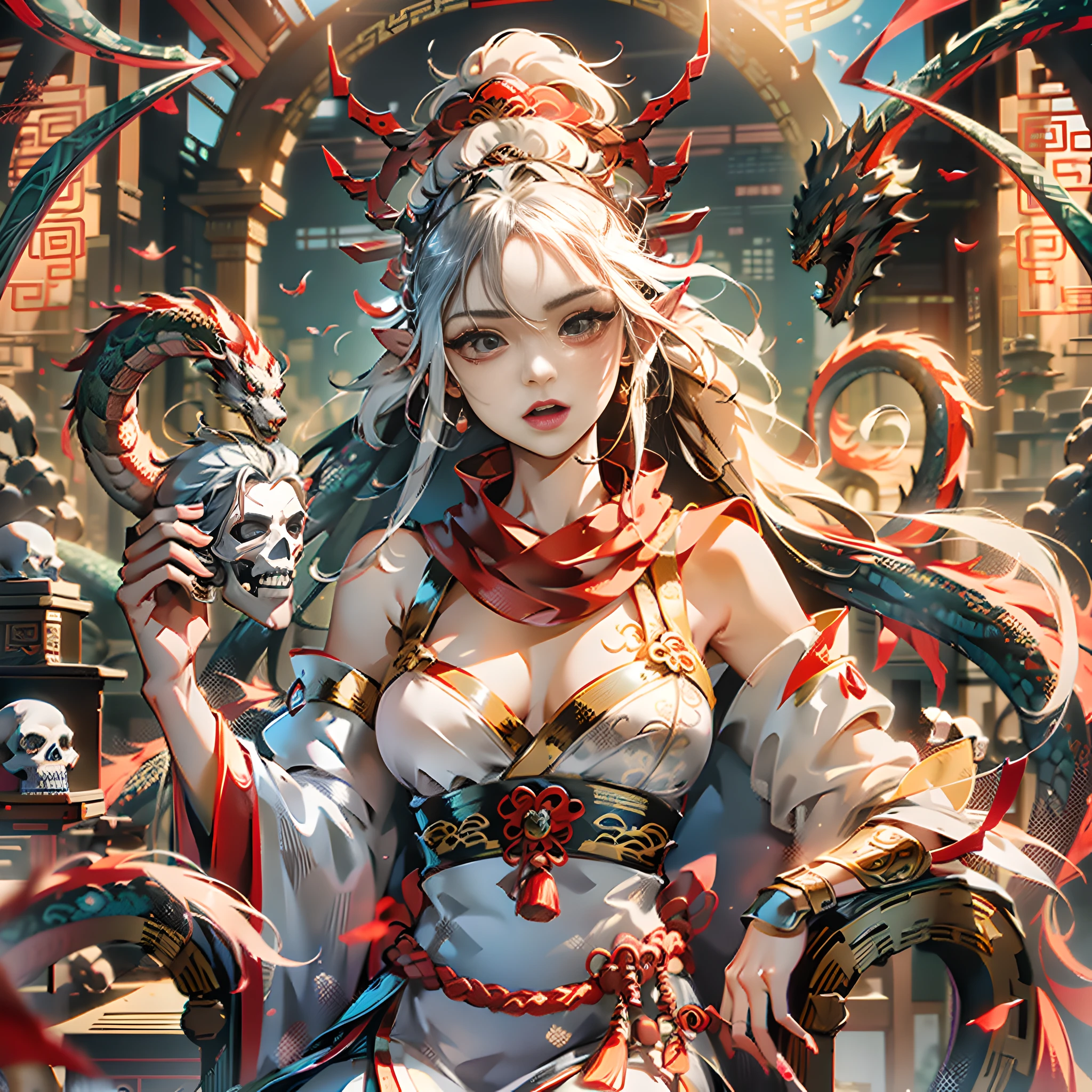 Picture high quality 8K, ((Chinese style, delicate long white hair, tied into a ponytail, noble and gorgeous brocade, red scarf fluttering in the wind, young woman: 2.5, dragon throne, fire element: 1:1, Chinese dragon: 1:1, facial details: 2.0, delicate skull earrings and headdress)), beautiful figure with vivid and detailed expression, sitting on the bone throne, holding a skull wine glass, surrounded by skulls, a dragon flying behind, creative and peculiar.