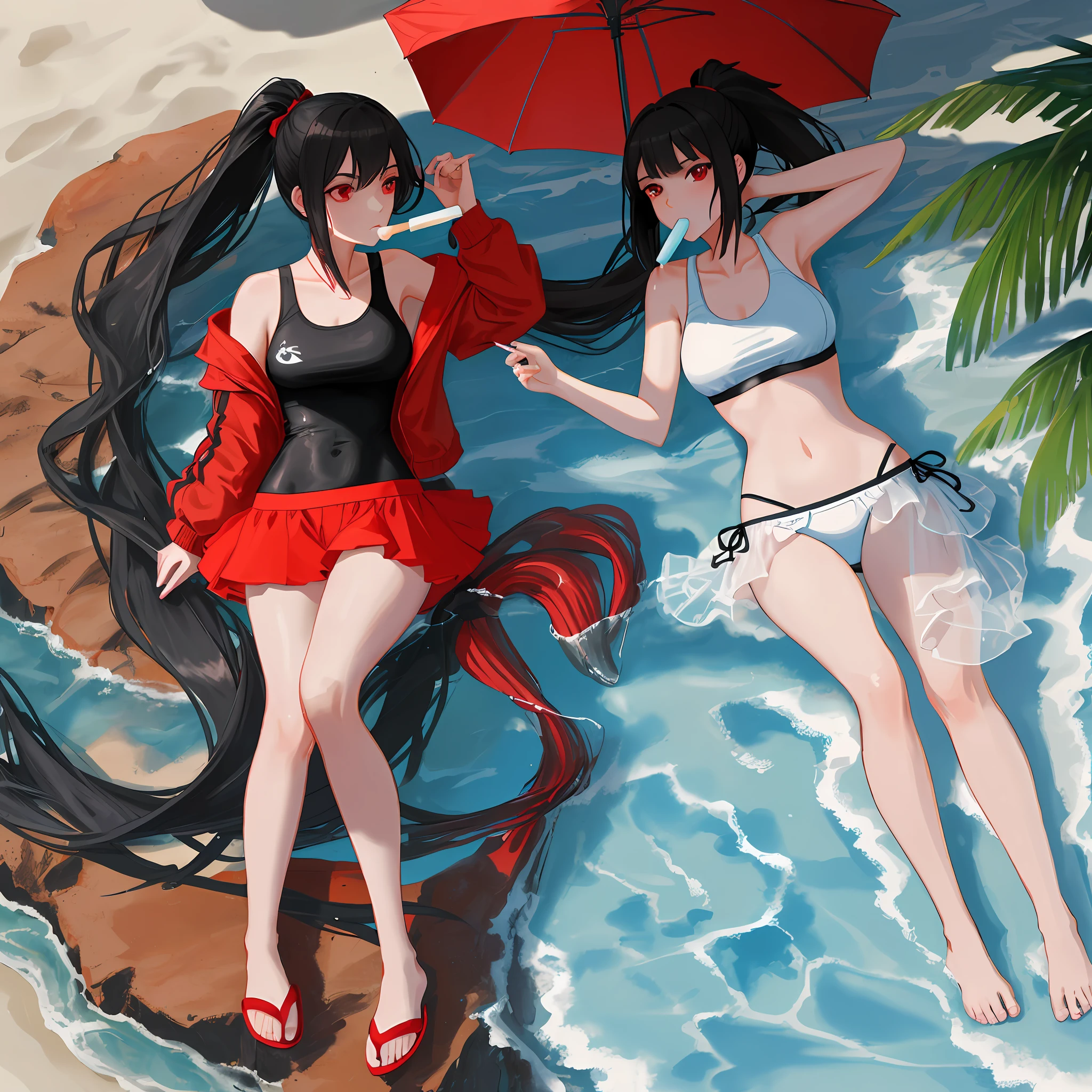 1 girl Black hair and red eyes Single ponytail Seaside Swimsuit Sexy Graceful body Eating popsicles in the mouth Sexual tension Sexual tension Sexual tension Light and shadow are correct