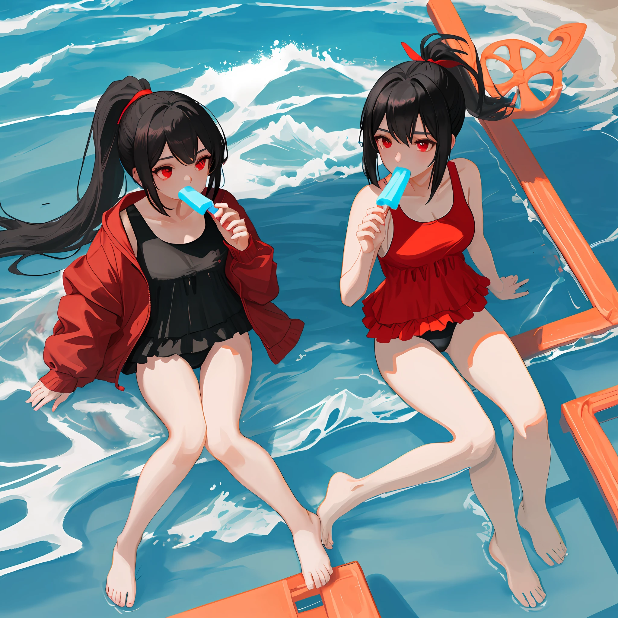 1 girl Black hair and red eyes Single ponytail Seaside Swimsuit Sexy Graceful body Eating popsicles in the mouth Sexual tension Sexual tension Sexual tension Light and shadow are correct