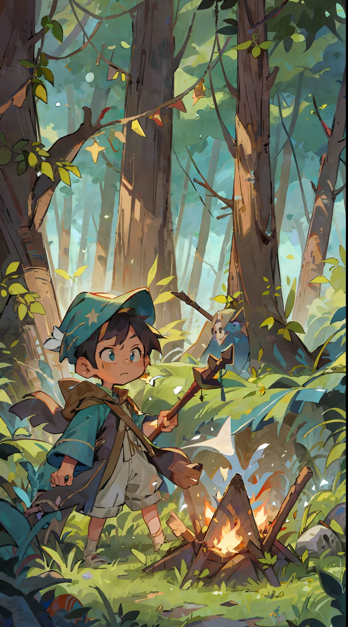Jungle, a boy, mage robes, wizard hats, wooden staffs in hand, night, campfires, tents, Zelda dressed up, starry