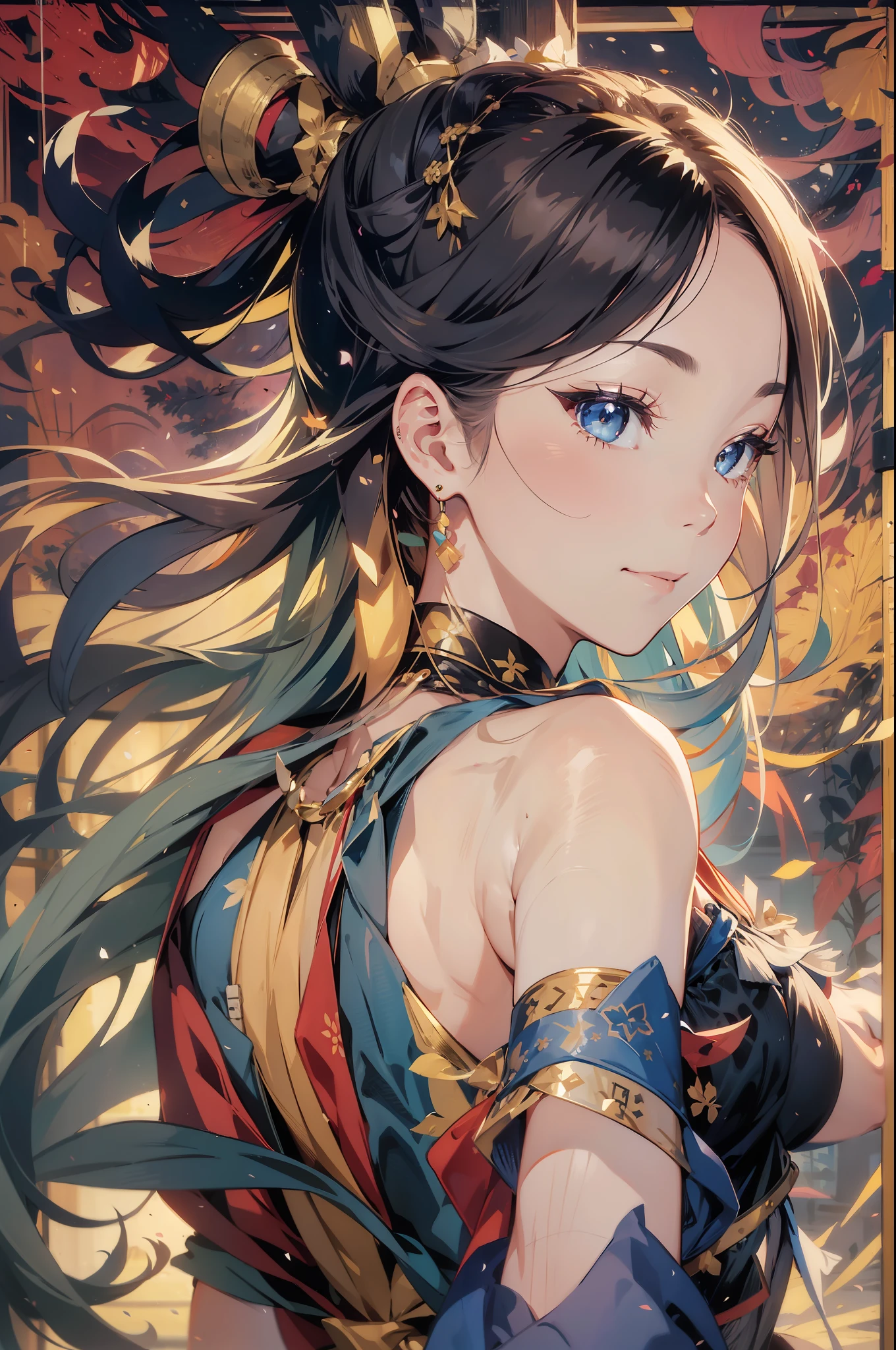 tsurata ichiro, ((split color hair)), super long hair, upper body, 1girl, solo, smile, (super long hair:1.2), blue grey eyes, random color hair, gloves, dress, bare shoulders, jewelry, earrings, black gloves, elbow gloves, hand up, random color, random color dress, makeup, lipstick, sakura petals pattern, bamboo leaves pattern, rim light, back light, pastel color, illustration, 2d
