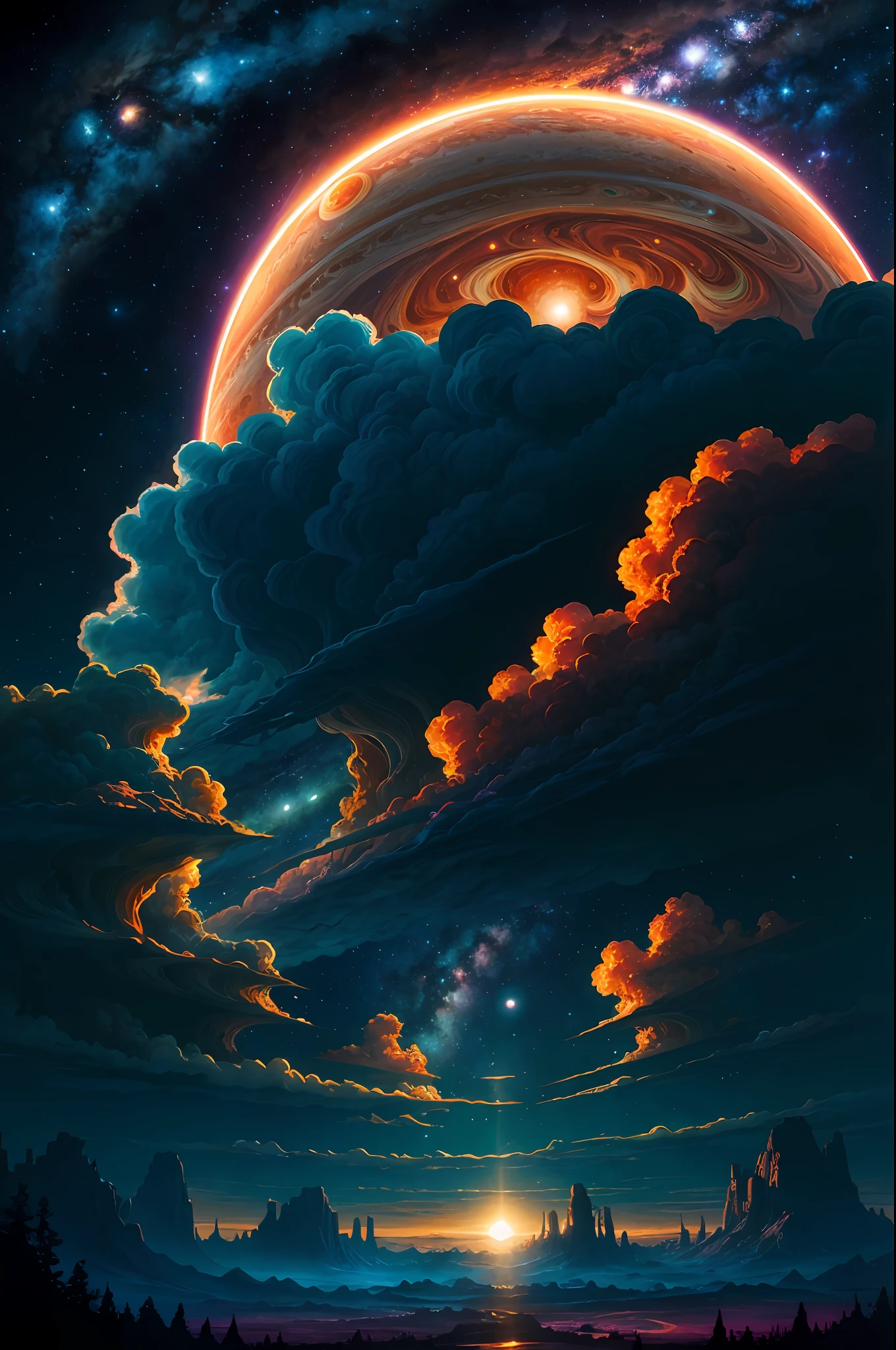 Dan Mumford's Jupiter cloud illustration, alien landscapes and vegetation, epic scenes, lots of rotating clouds, high exposure, very detailed, realistic, vibrant blue tones, UHD