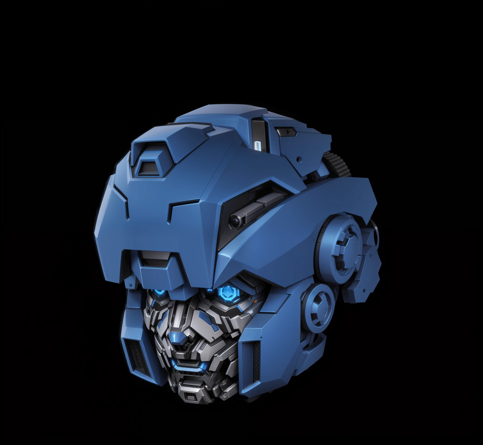 robot head, epic robot head, blue livery, machine structure, complex, real, humanoid mecha, roland ziervinskis 3d rendering art, polycount competition winner, humanoid mecha, 3d rendering stylized, black background, beautiful robot character design, mecha portrait, mecha, transformer style, realism,