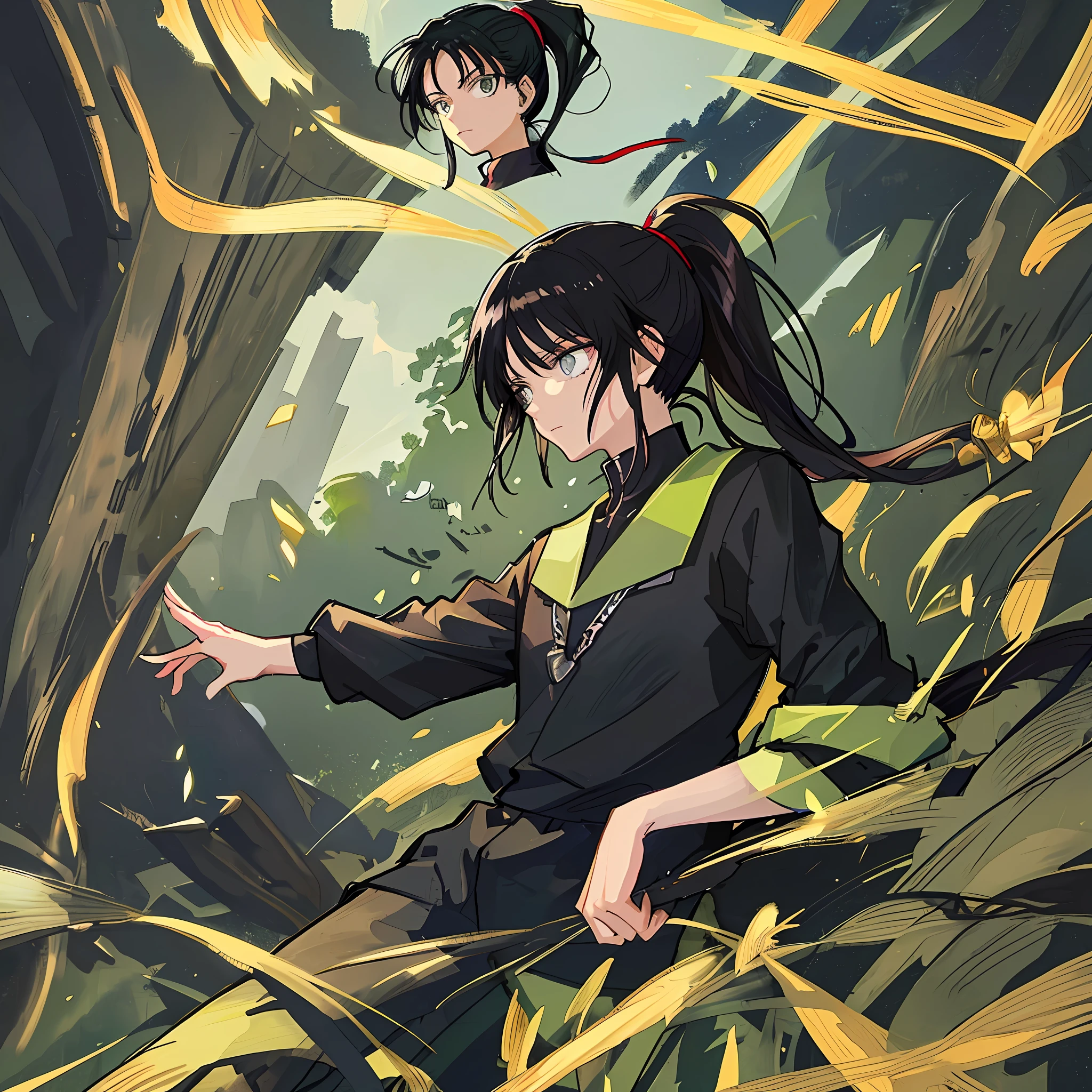 (Masterpiece), (Best Quality), (Super Detail),(Illustration), 1 Woman, Black Hair, Ponytail Hair, Black Clothing, by Yoshihiro Togashi, Manipulating Shadows.
