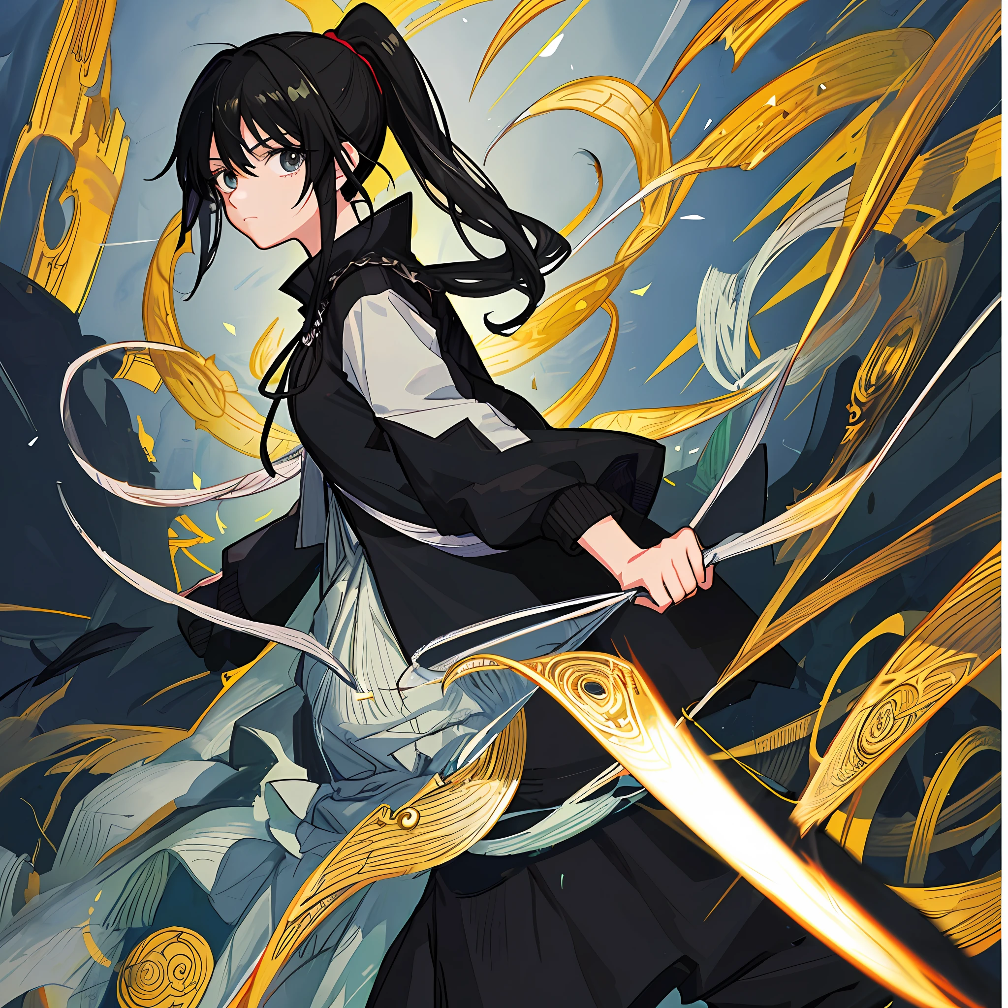 (Masterpiece), (Best Quality), (Super Detail),(Illustration), 1 Woman, Black Hair, Ponytail Hair, Black Clothing, by Yoshihiro Togashi, Manipulating Shadows.