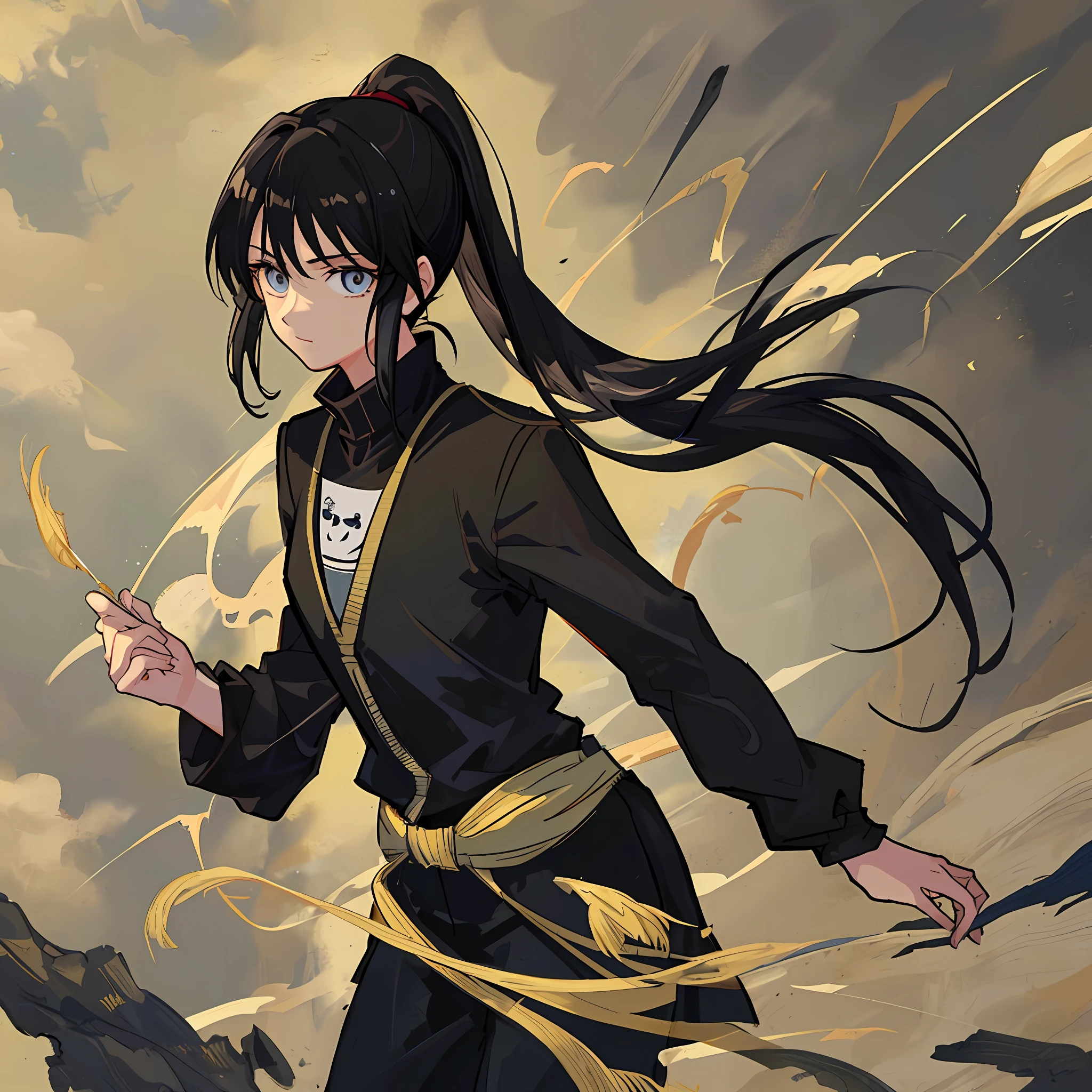 (Masterpiece), (Best Quality), (Super Detail),(Illustration), 1 Woman, Black Hair, Ponytail Hair, Black Clothing, by Yoshihiro Togashi, Manipulating Shadows.