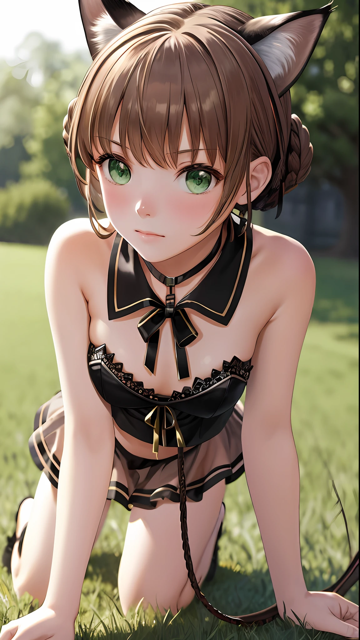 masterpiece, ultra high quality CG, best quality, perfect picture, solo, Duvalie (brown hair with braided buns, green eyes, bustier, cute, small breasts), (wearing a very sexy cat lingerie, cat ears), on all fours, walking on all fours, on a lawn, (((being pulled by a leash on neck)))), far angle shot, blushing, shy face