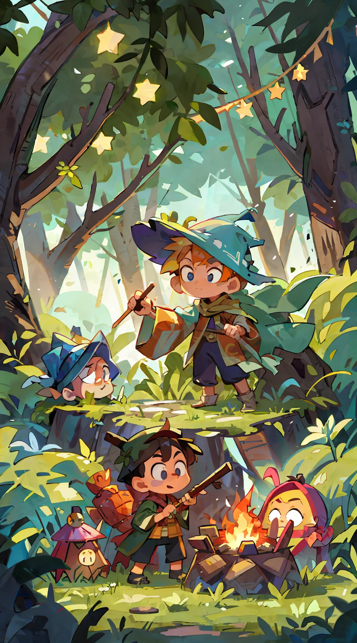 Jungle, a boy, mage robes, wizard hats, barbecue in hand, night, campfire, tent, Zelda dressed up, starry