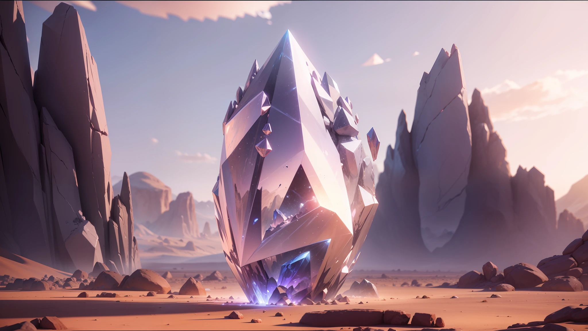 there is a crystal in the middle of a desert with rocks, unreal engine render saint seiya, off-world, keyframe, diamond, still from a music video, enclosed in rock, psytrance, realistic shading and lighting, a screenshot, many shards