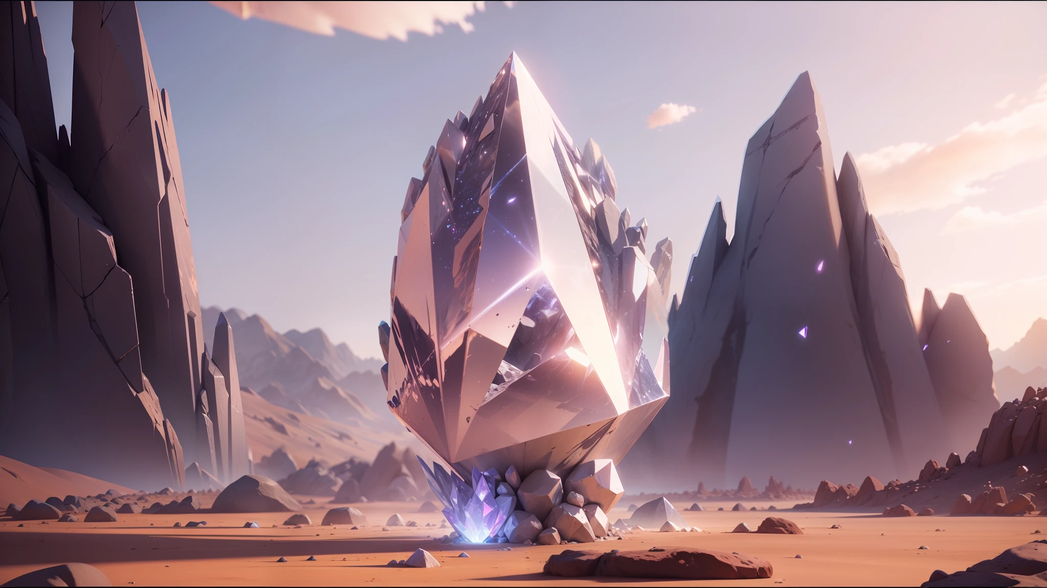 there is a crystal in the middle of a desert with rocks, unreal engine render saint seiya, off-world, keyframe, diamond, still from a music video, enclosed in rock, psytrance, realistic shading and lighting, a screenshot, many shards