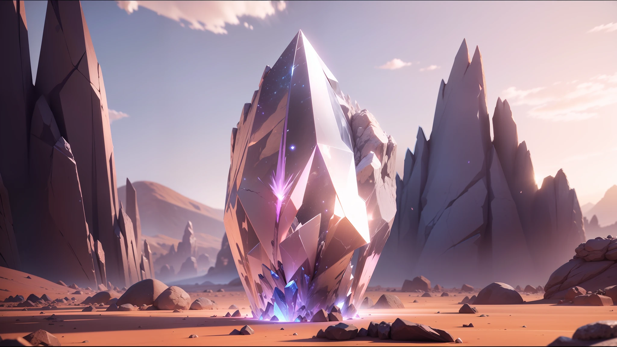 there is a crystal in the middle of a desert with rocks, unreal engine render saint seiya, off-world, keyframe, diamond, still from a music video, enclosed in rock, psytrance, realistic shading and lighting, a screenshot, many shards