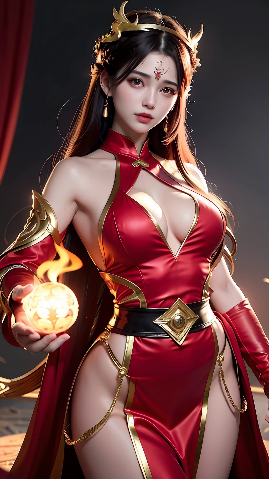 1 beautiful goddess, In the Dark: 1.6), surreal female portrait by David Hockney and Alphonse Mucha, fantasy art, korea doll, photorealism, dynamic lighting, artstation, poster, volumetric lighting, very detailed faces, 8k ultra, all body, Awarded, in the dark, deep shadow, low key, cowboy lens, (Red phoenix dress: 1.4), long hair, black hair, bust, luxurious palace, Royal style,fairy woman crown, Big round black eyes, style Royal, The most beautiful face, big and regular breasts, Super realistic, chinese women's clothing, polo neck sweater, Charming smile, The eyes are very well made up, guweiz, hanfu, Ancient style, loong, forehead mark, upper body, 2 bangs braided hair, Red lips,