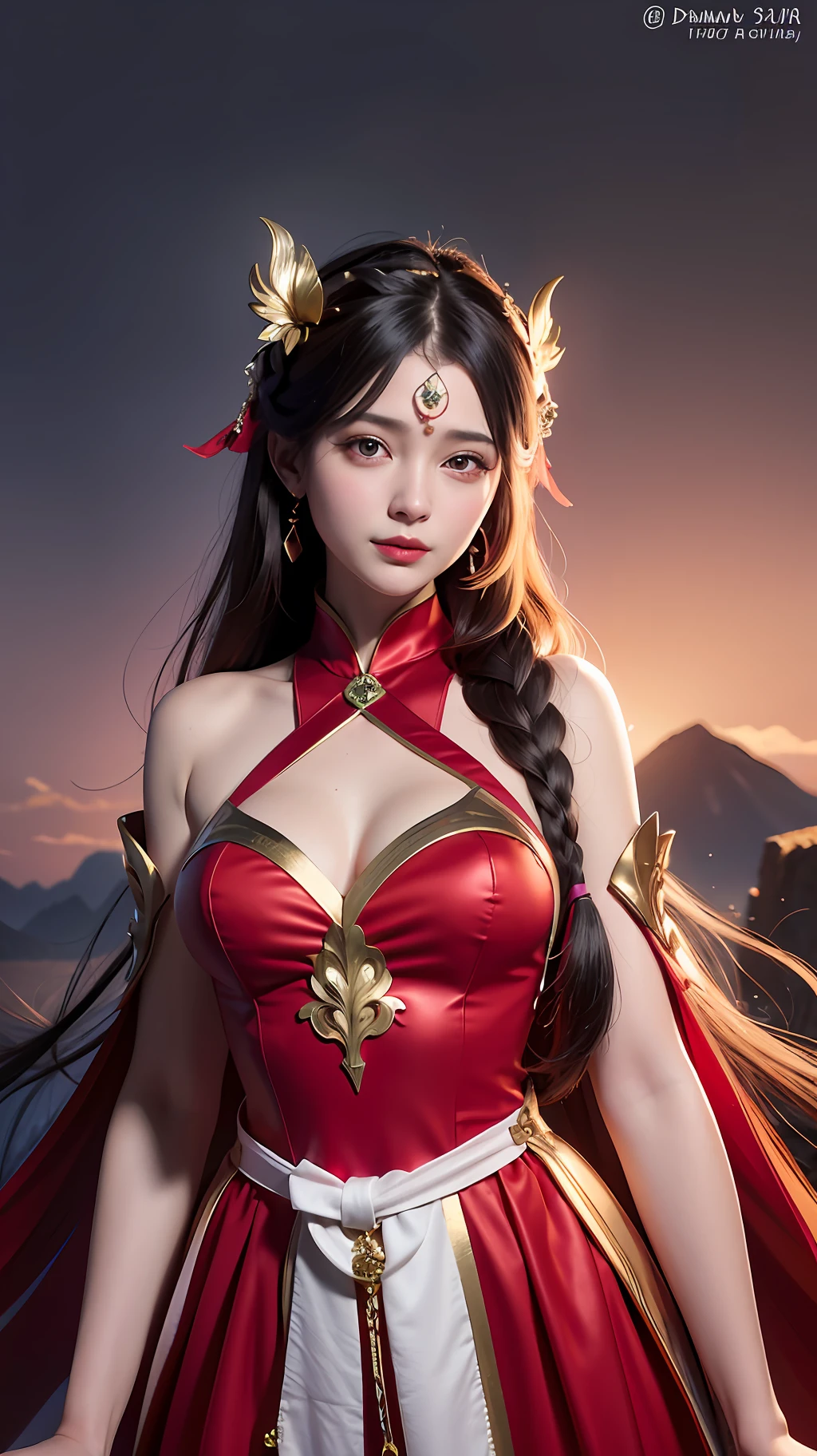 1 beautiful goddess, In the Dark: 1.6), surreal female portrait by David Hockney and Alphonse Mucha, fantasy art, korea doll, photorealism, dynamic lighting, artstation, poster, volumetric lighting, very detailed faces, 8k ultra, all body, Awarded, in the dark, deep shadow, low key, cowboy lens, (Red phoenix dress: 1.4), long hair, black hair, bust, luxurious palace, Royal style,fairy woman crown, Big round black eyes, style Royal, The most beautiful face, big and regular breasts, Super realistic, chinese women's clothing, polo neck sweater, Charming smile, The eyes are very well made up, guweiz, hanfu, Ancient style, loong, forehead mark, upper body, 2 bangs braided hair, Red lips,