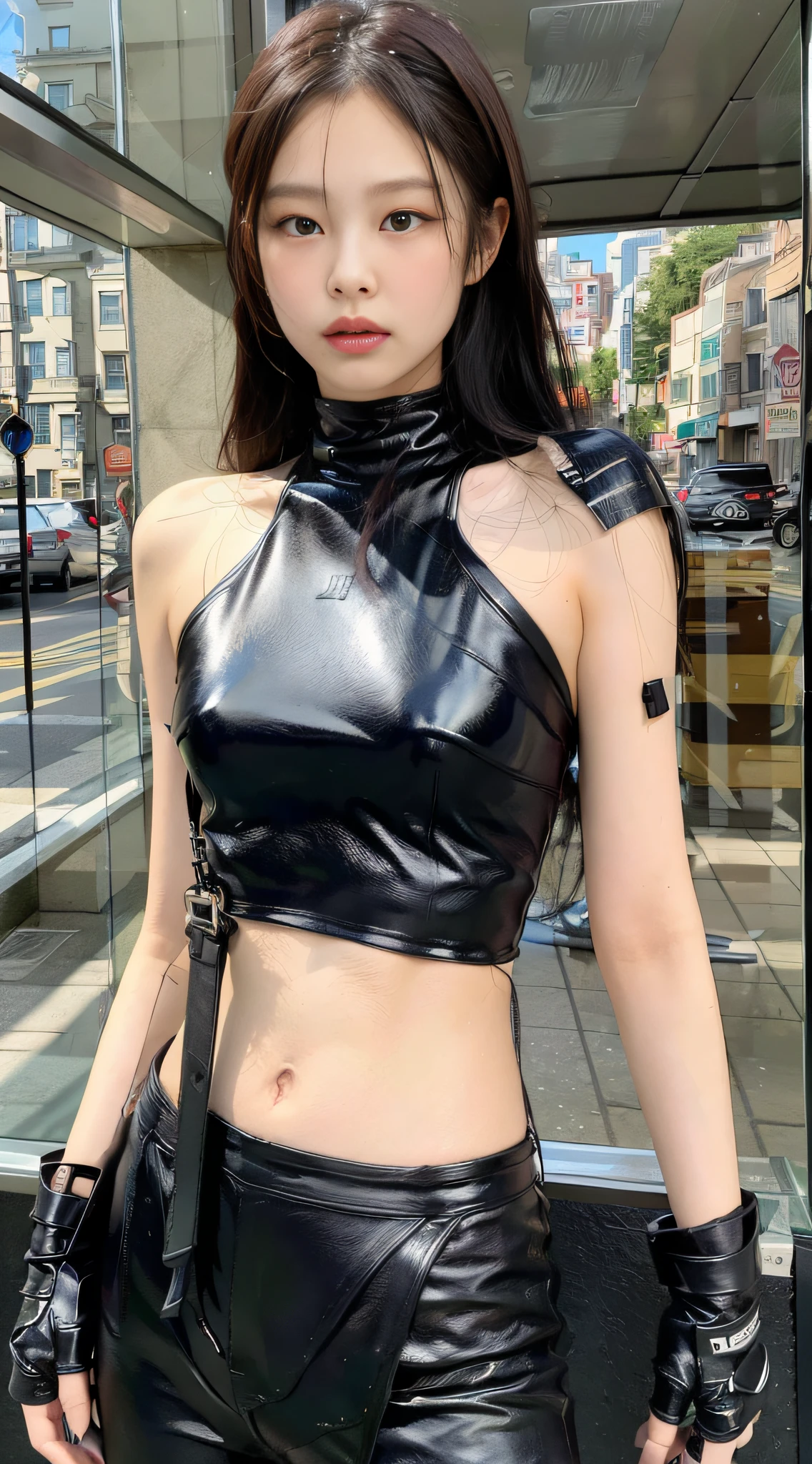 (1girl:1.3), solo, __body-parts__, Kim Ji-ni Jennie face, Marvel style, hero characters, ruins, full body shot, leather pants, gray-black tones, 8k resolution image, intricate symmetrical details. The whole picture is invincible and heroic, mainly a complete picture of a woman standing all over her body, with smooth movements and a confident expression.