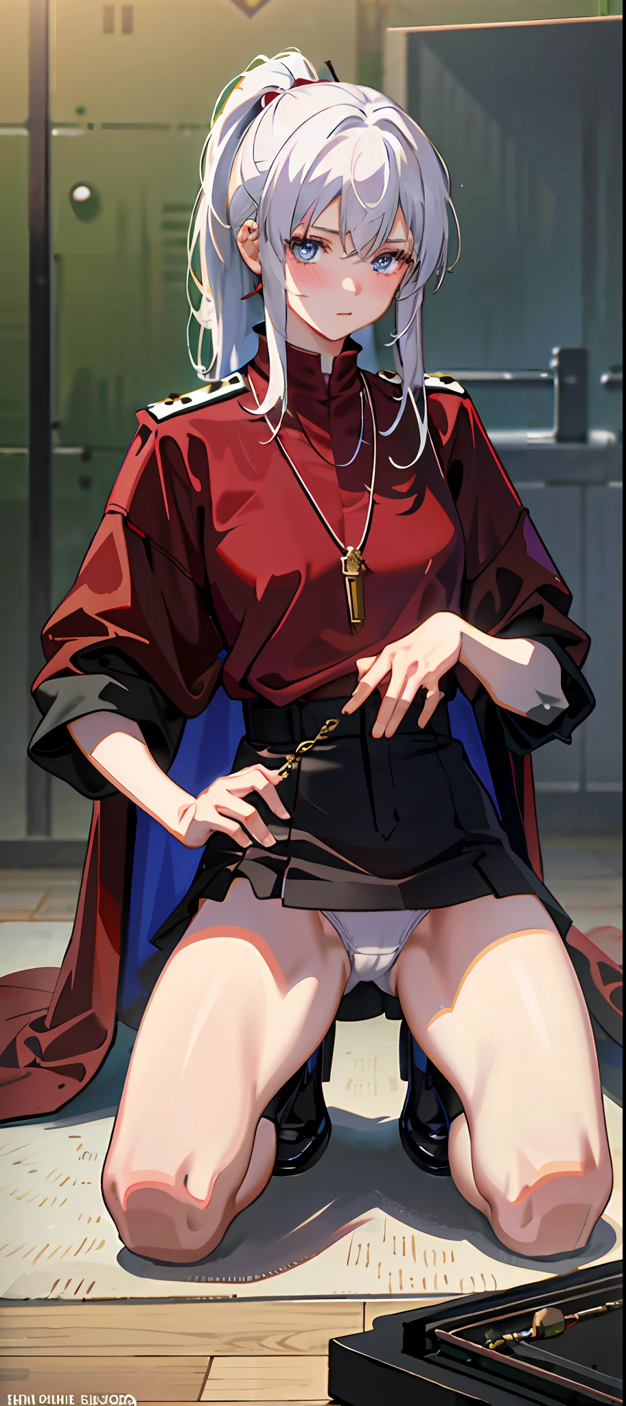 1girl, wearing a tight red military uniform, kneeling on the ground, spreading her legs to reveal white panties, tightened by panties, revealing a shy expression, blushing, crying, bangs, white hair, high ponytail, blue eyes, jewelry necklace, leaf, facing audience, female focus, necklace, solo, watch, watch, messy hair, trends on artstation, 4k resolution, very detailed, anatomically correct, clear images, digital painting, Makoto Shinkai's style,