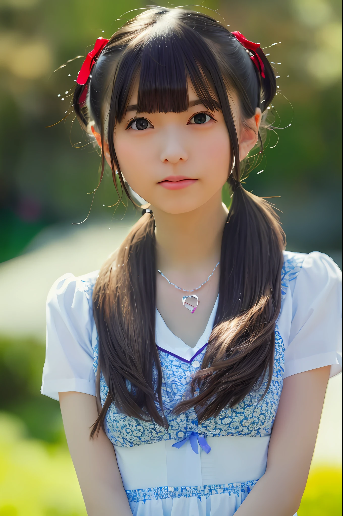 (4k, Best Quality, High Resolution:1.1), (Realistic, Photorealistic:1), Cute Girl With Flat Breasts, Asuka, (Cute:1.8), Cuties, Solo, (Flat Breasts:1.2), Detailed Black Eyes,Innocent Eyes, Blushing, Random Costumes, Masterpieces, Beautiful Lighting, Cinema Lights, Film Grain, Jewelry, Heart-Shaped Necklace, Earrings, Bangs, cherry colored lips, hair ribbon, ribbon, bow, hair bow, twin tails, staring at the beholder, long hair, upper body, open lips, upper teeth, (smiling eyes:0.6), depth of field, blurry background, eye focus, bokeh, 85mm lens, f/1.4 , professional lighting, photon mapping, radiosity, physically based rendering, high detail, masterpiece,