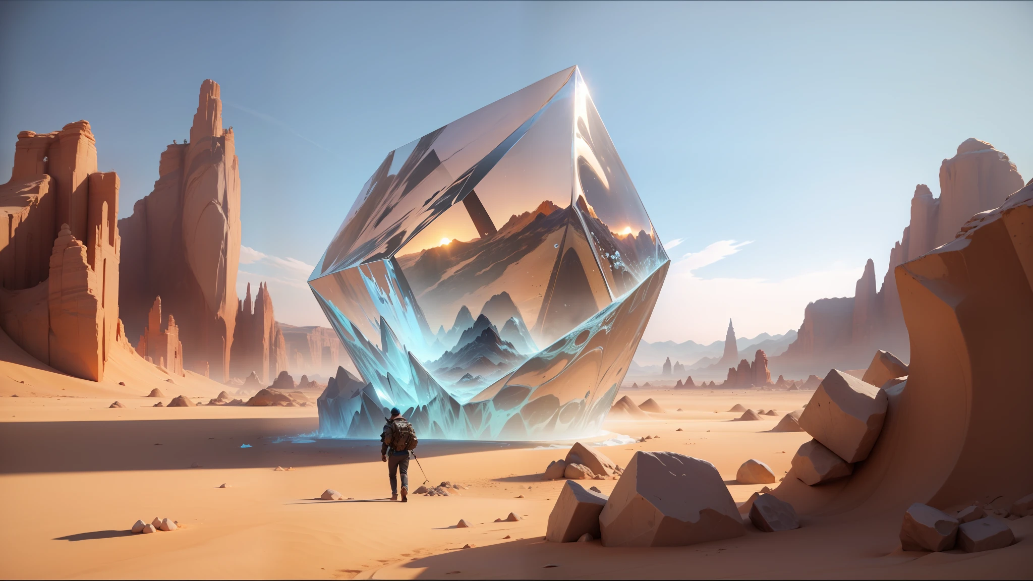 there is a large ice cube in the middle of a desert, masterpiece ; behance hd, blue rays from tv, by Antoni Pitxot, art in 4 k, inspired by Isidor Kaufman, sunstone, 3d animated, crystal, alain aslan, anamorphic, hyperrealism. fantasy 4k, 2.5d, 2019 trending photo