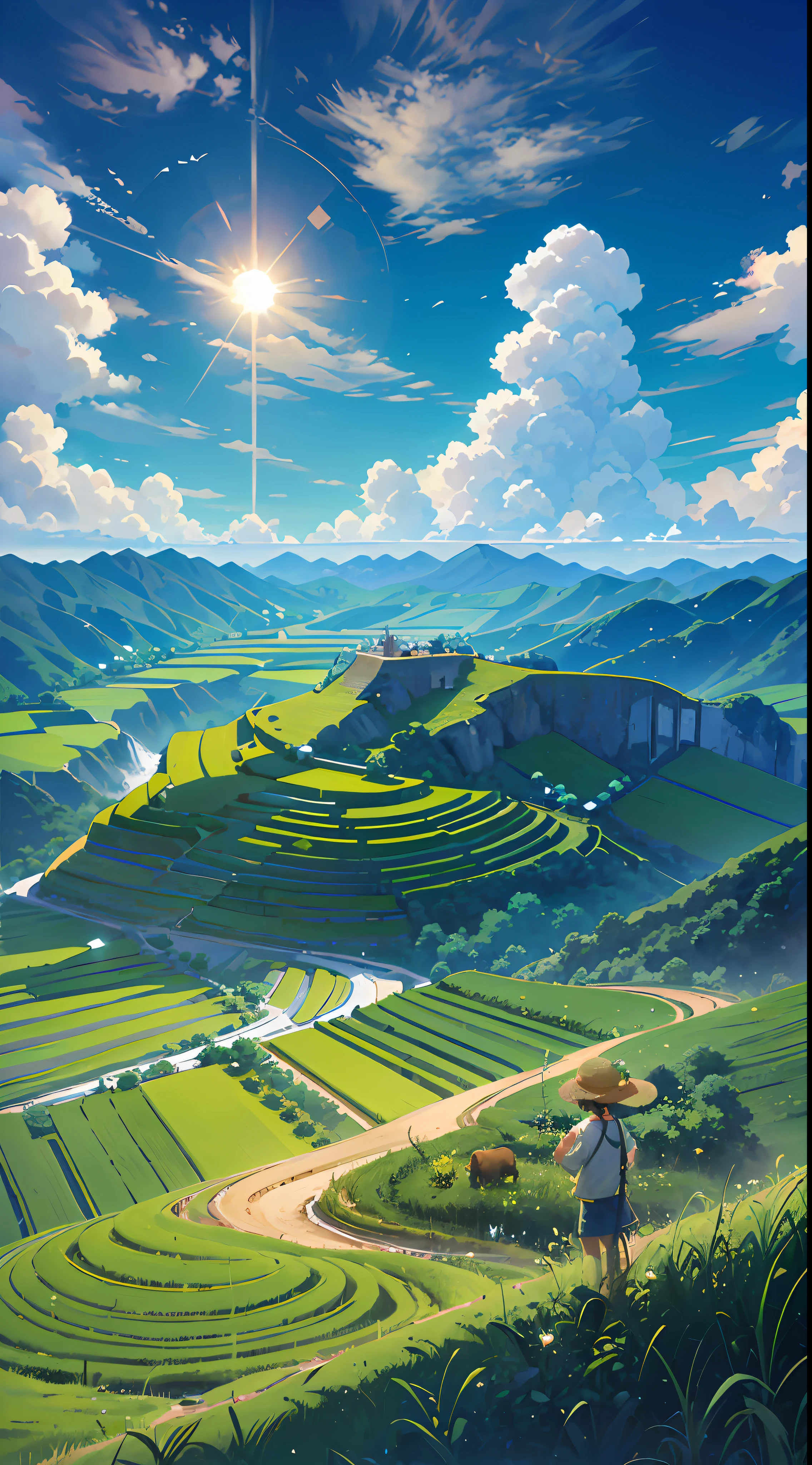Terraced fields, a farmer uncle with a straw hat standing in a paddy field, big clouds, blue sky, rice field, neat green rice seedlings in the field, forest, hillside, secluded, rural, HD detail, hyper-detail, cinematic, surrealism, soft light, deep field focus bokeh, ray tracing and surrealism. --auto --v6 --s2