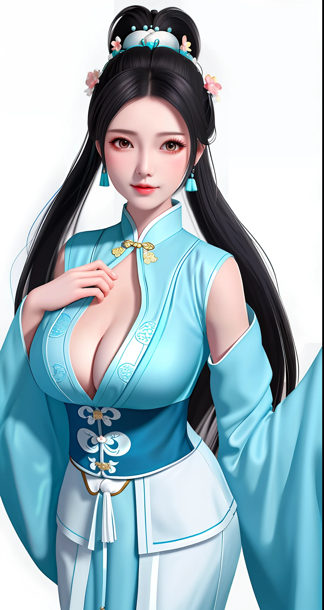 White background wall, wife mature Chinese style black single ponytail cyan clothes elegant temperament big breasts, half nude long legs chest close-up, high quality, detailed, HD