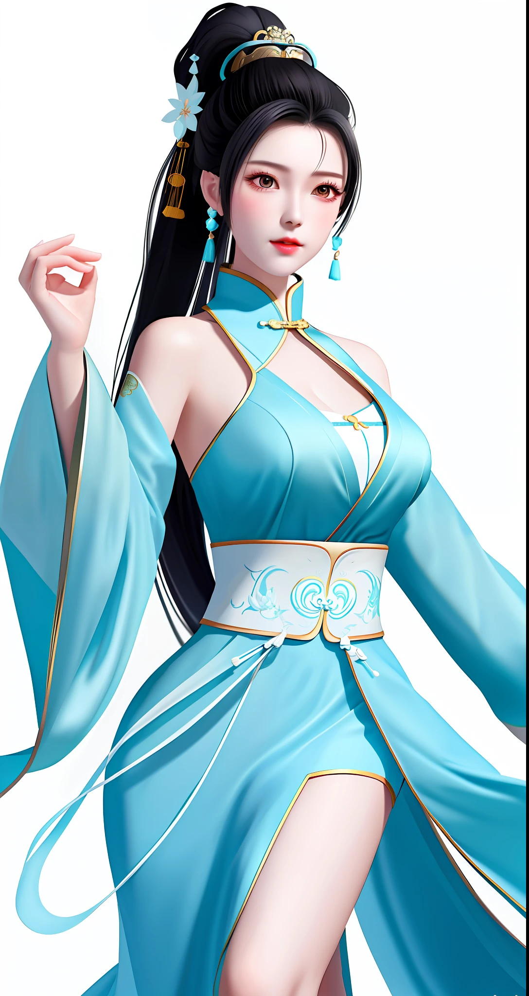 White background wall, wife mature Chinese style black single ponytail cyan clothes elegant temperament big breasts, half nude long legs chest close-up, high quality, detailed, HD