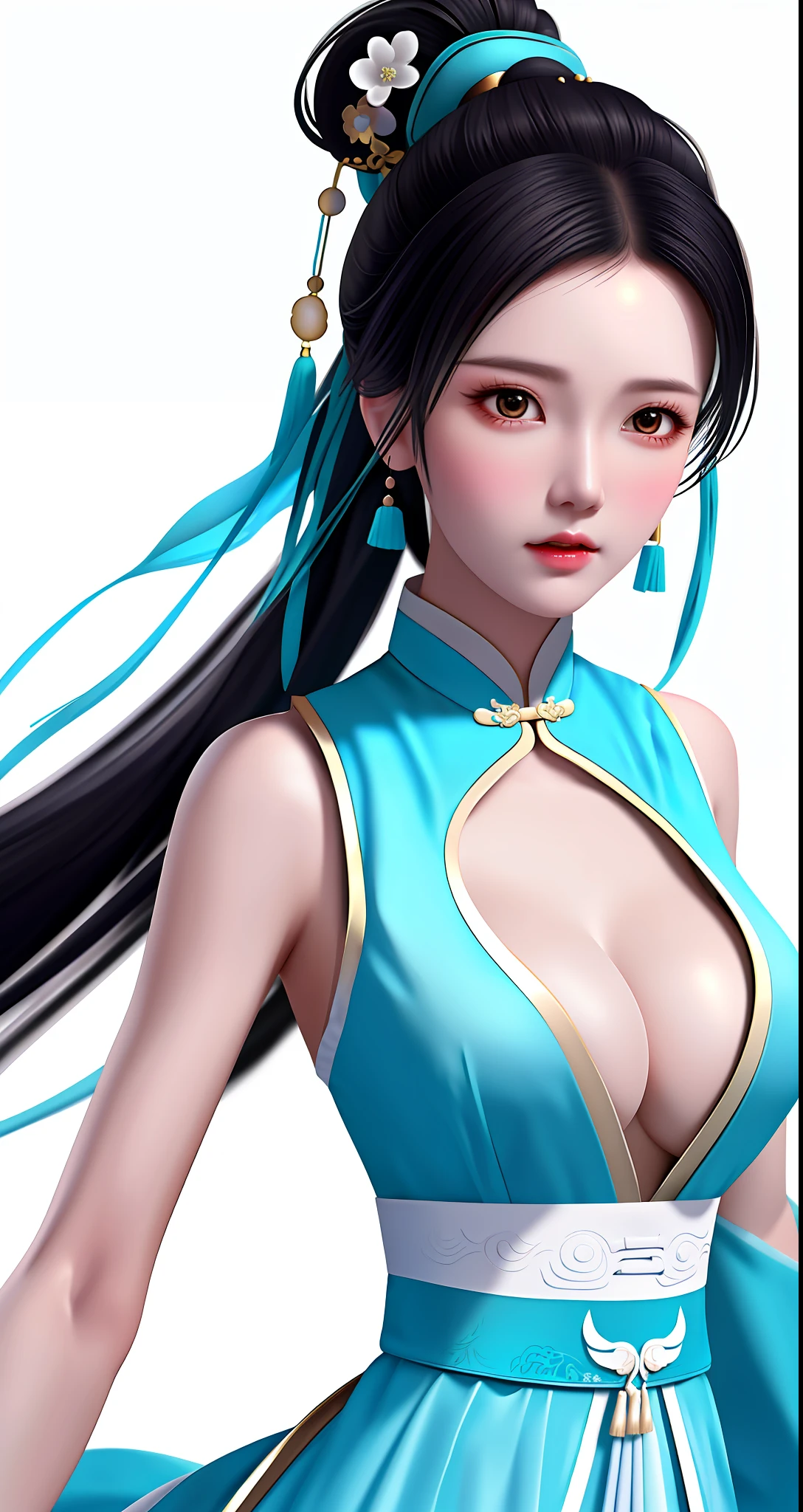 White background wall, wife mature Chinese style black single ponytail cyan clothes elegant temperament big breasts, half nude long legs chest close-up, high quality, detailed, HD