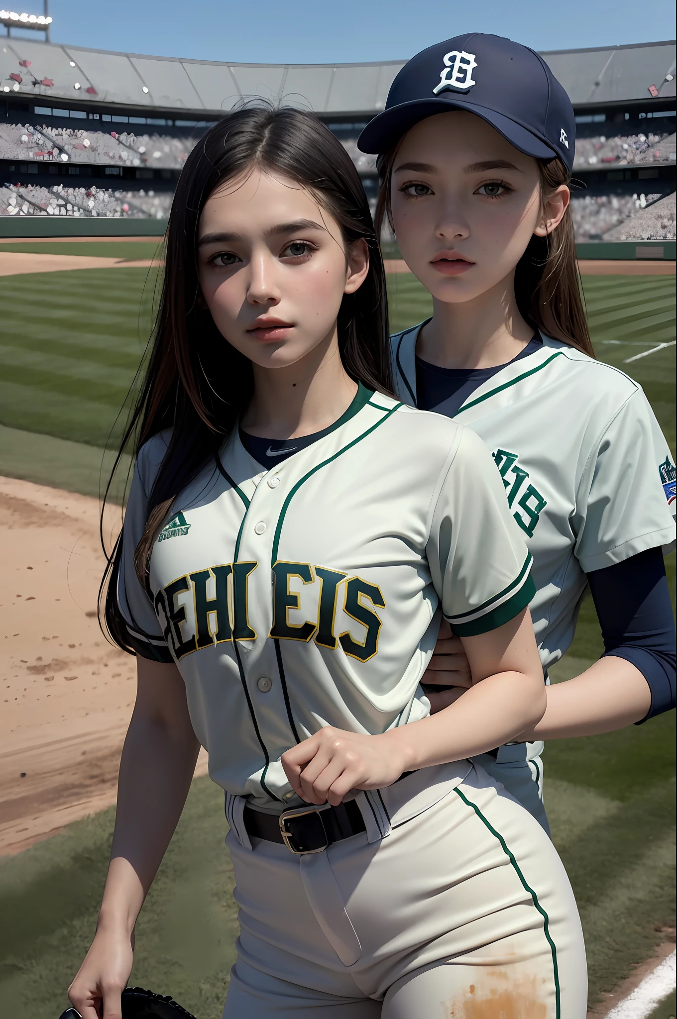 Best Quality, Masterpiece, Ultra High Resolution, Portrait, (Realisticity: 1.4), Original Photo, 2 Girls, Baseball Uniform, Wearing White Baseball Helmet, In the Stadium, Green Field Background, Detailed Facial Texture