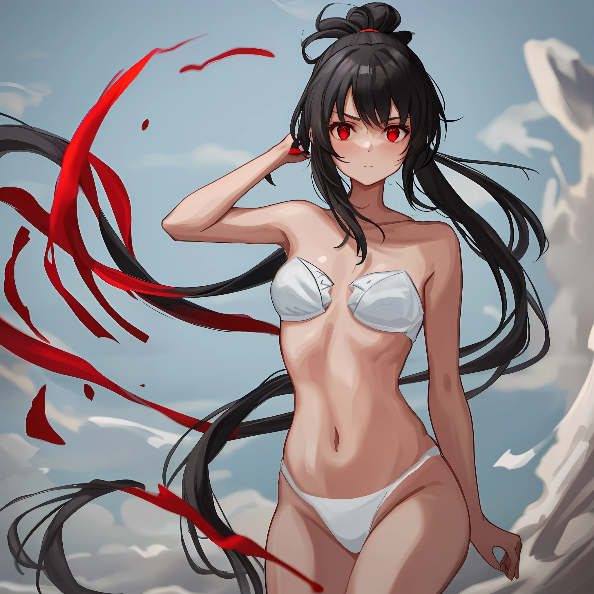 A girl with black hair, red eyes, single ponytail, naked, leaking out of the whole body, graceful figure, flushed complexion, and shy