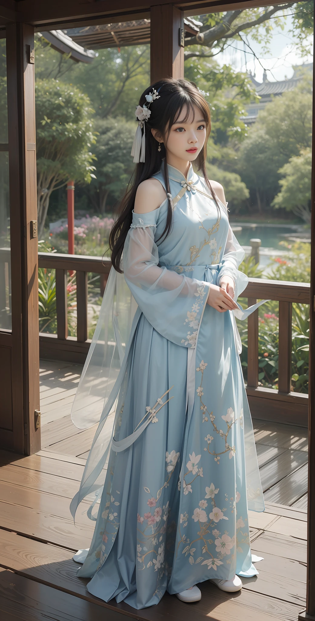 Asian woman in garden wearing blue dress and umbrella, hanfu, palace, hanfu girl, white hanfu, wearing ancient chinese costume, traditional chinese clothing, chinese costume, antique chinese costume, classical robe, full body fairy, gorgeous flowing robe, fairy tale, Chinese Traditional, flowing robe, big breasts, best quality, inlaid with this translucent painting wood grid. Outside the window are Chinese Garden, Suzhou Garden, Rockery, Slate Floor Corridor, Pool, Maple Tree, (Tile Roof: 1.3), Gazebo, (Stone Eaves: 1.4), Stone Fence, (White Wall), Spring View, Lush Trees, Plants, Viewer's View, CG, Unity, 8k Wallpaper, Amazing, Fine Details, Masterpiece, Best Quality, Very Detailed CG Uniform 8k Wallpaper, Light on Face, Movie Lighting, 1girl, Full Body, Sexy, Bare Shoulder