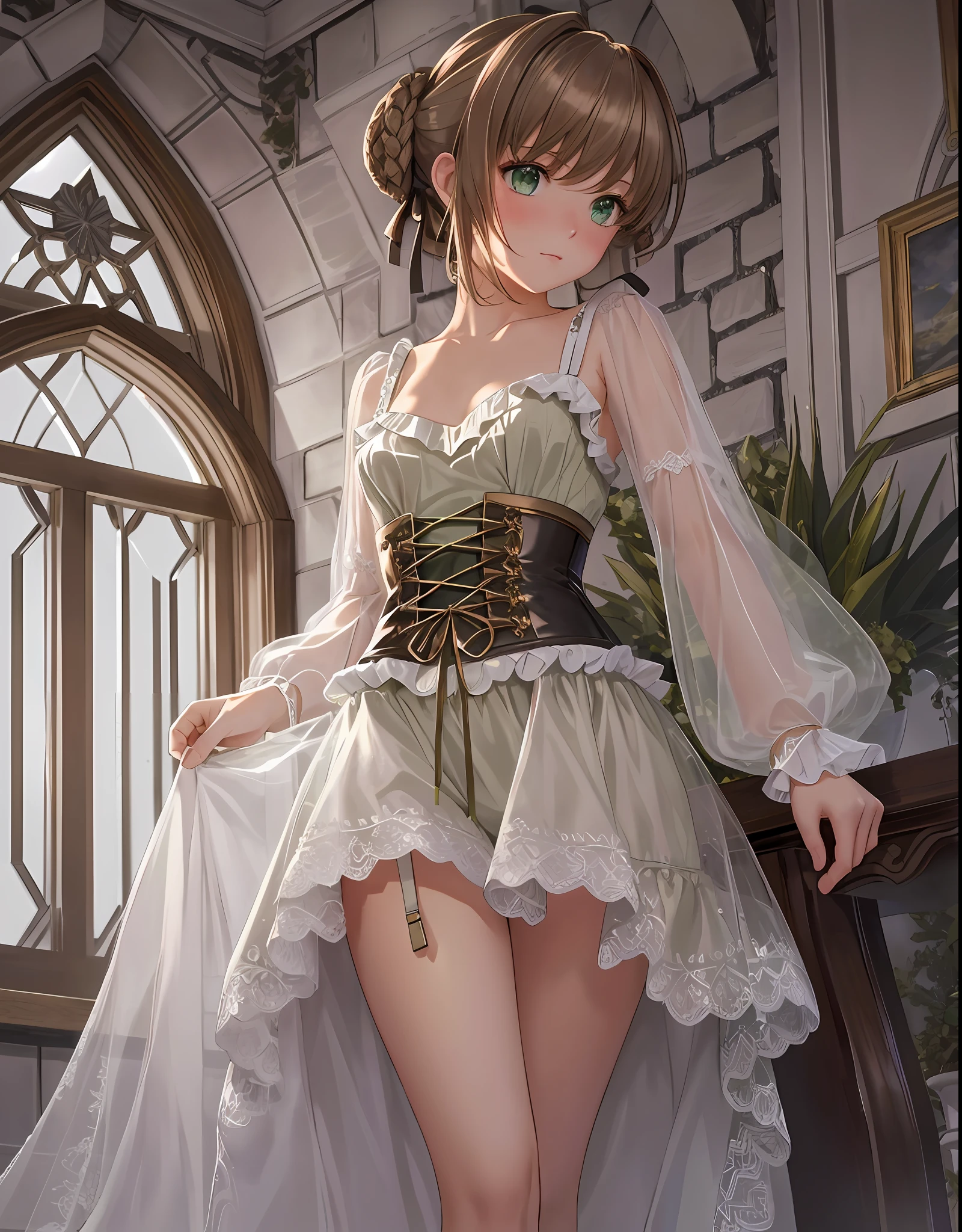 masterpiece, ultra high quality CG, best quality, perfect picture, solo, Duvalie (brown hair with braided buns, green eyes, bustier, cute, small breasts), (wearing a very sexy lace white lingerie, seethrough), blushing, shy, inside a castle bedrrom, window, lakeside medieval city