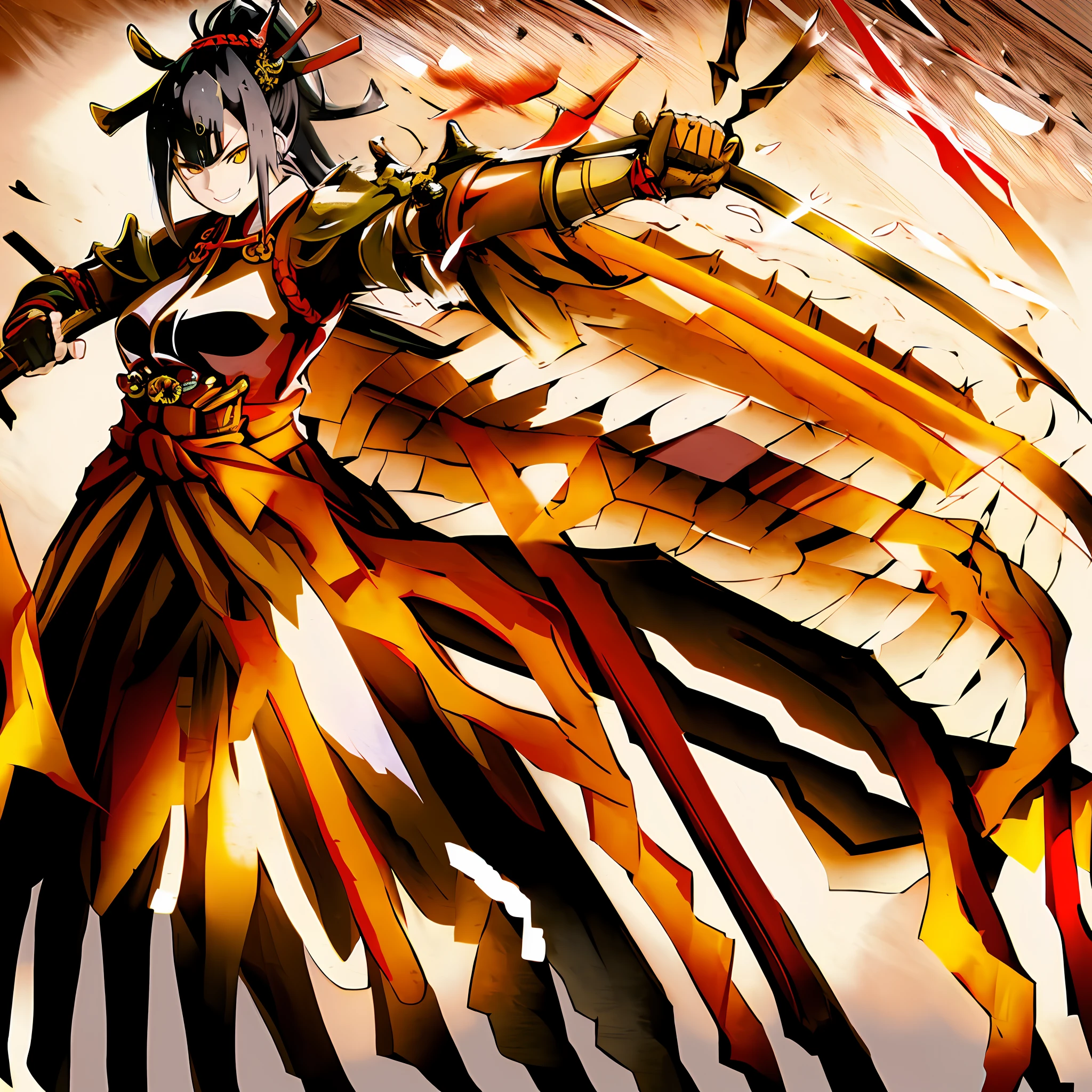 woman wearing red and black samurai armor, holding a katana, black hair, ponytail, yellow eyes, confident smile, she has yellow horns. Full body, in a combat stance, menacing aura, detailed face, night time, full moon in the background