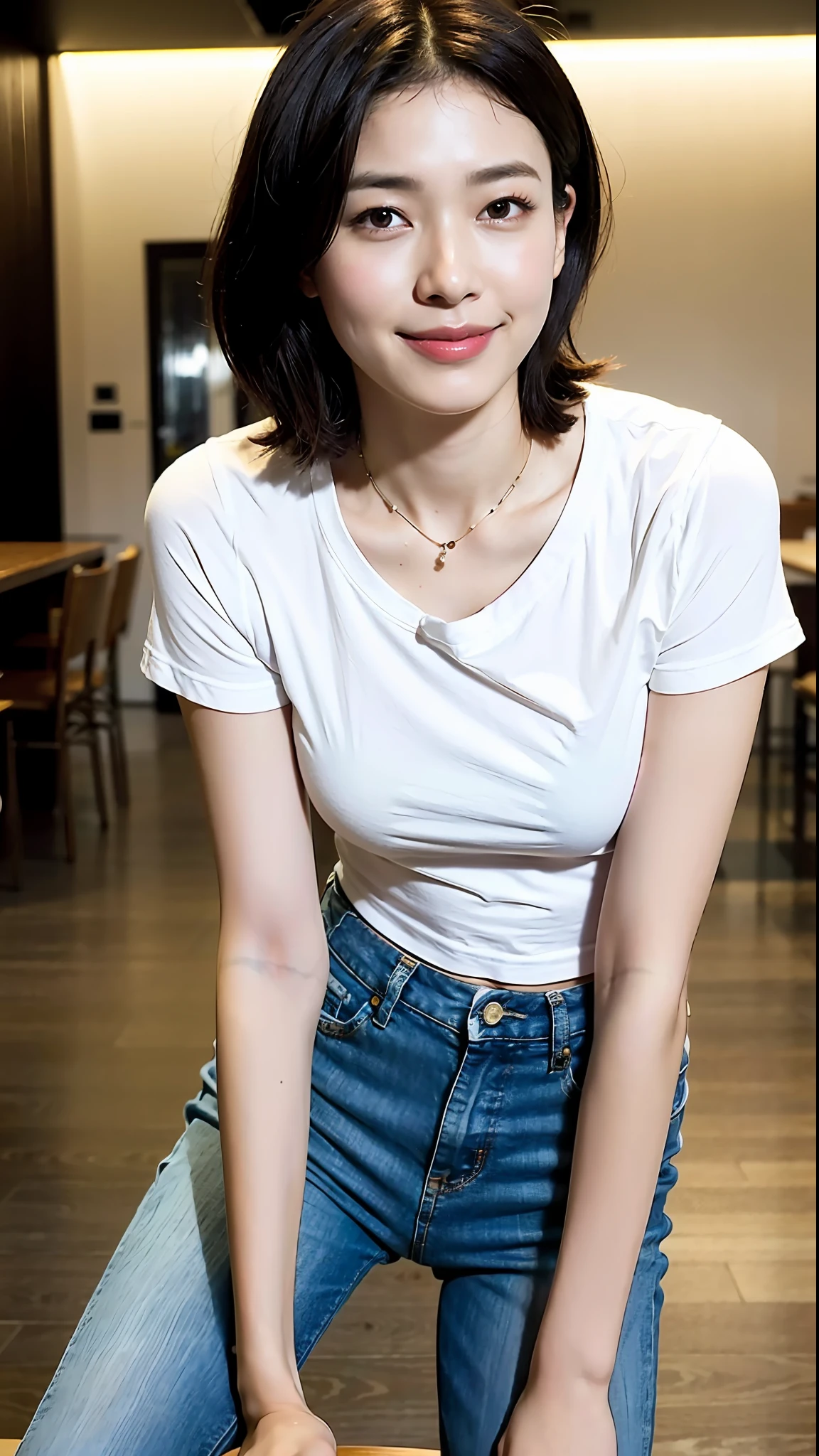 (Best quality, 8k, 32k, Masterpiece, UHD:1.2),Photo of Pretty Japanese woman, 1gril,black short hair,,(detailed white loose t-shirt:1.2),denim pants,necklace,(detailed lace bra:1.05),(leaning forward:1.8),looking at viewer,pov,looking down,across table,(hands on table:1.1),smile,in cafe,upper body, 