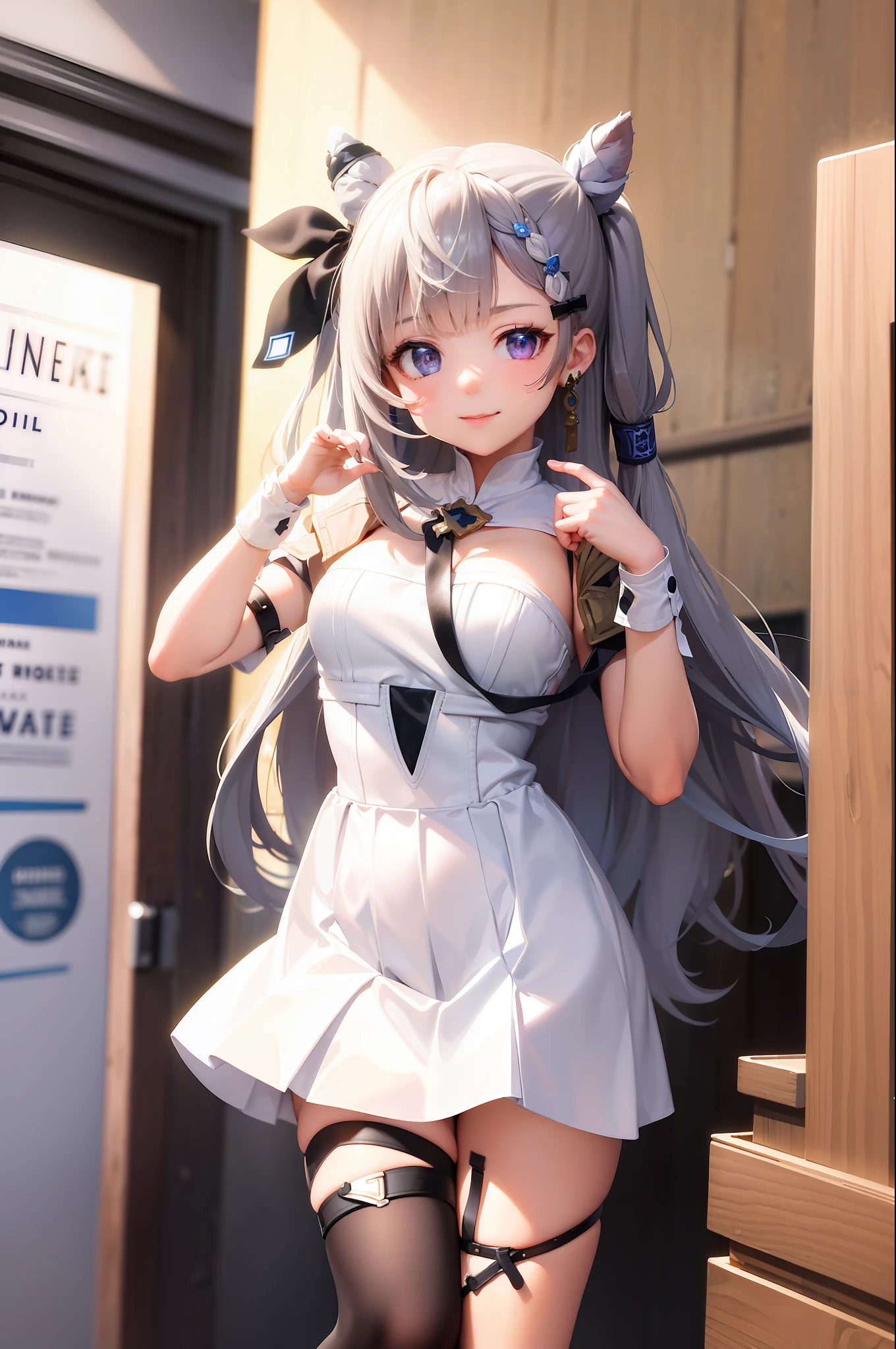 (masterpiece, best quality:1.2), cowboy shot, solo, 1girl, vestia zeta, virtual youtuber, smile, looking at viewer, hair ribbon, hair ornament, white dress, single thighhigh, thigh strap