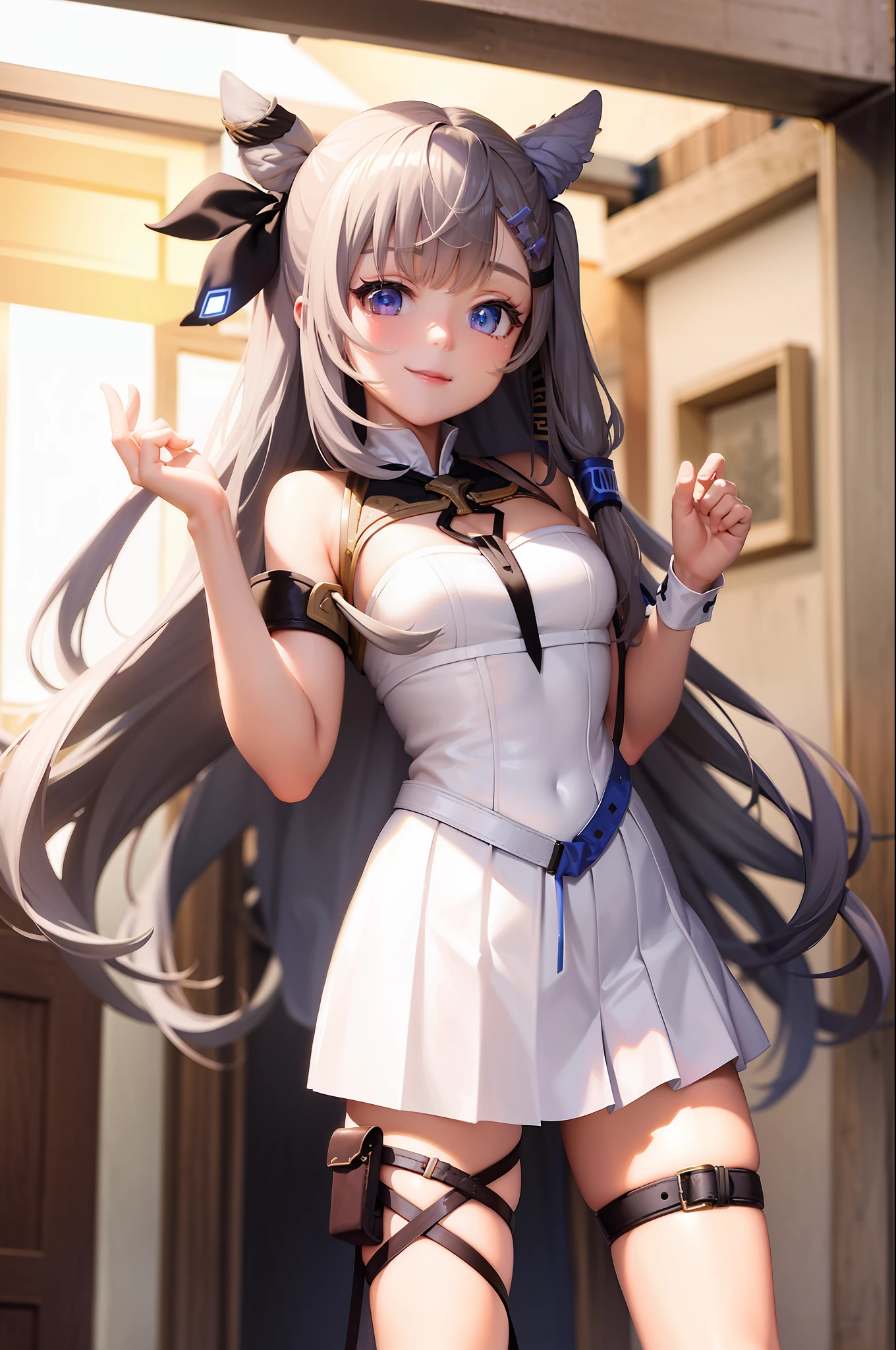 (masterpiece, best quality:1.2), cowboy shot, solo, 1girl, vestia zeta, virtual youtuber, smile, looking at viewer, hair ribbon, hair ornament, white dress, single thighhigh, thigh strap