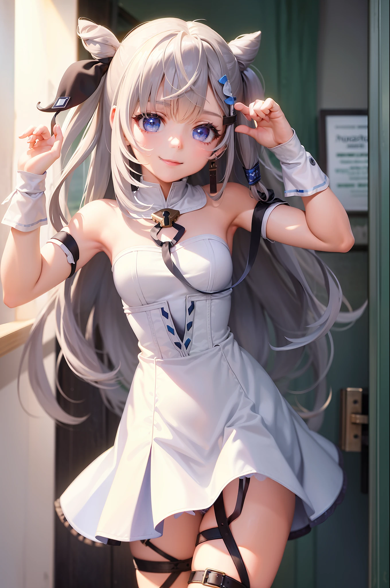(masterpiece, best quality:1.2), cowboy shot, solo, 1girl, vestia zeta, virtual youtuber, smile, looking at viewer, hair ribbon, hair ornament, white dress, single thighhigh, thigh strap