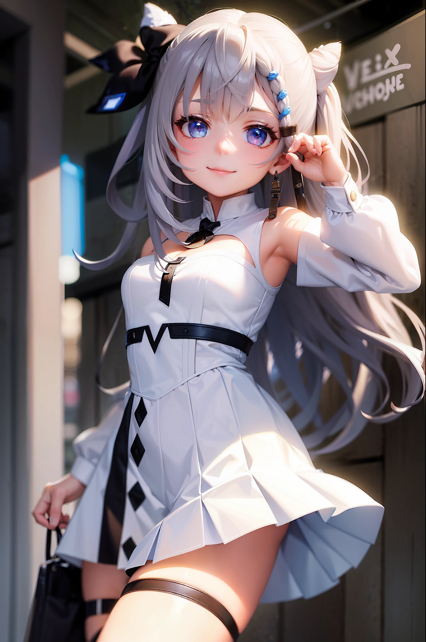 (masterpiece, best quality:1.2), cowboy shot, solo, 1girl, vestia zeta, virtual youtuber, smile, looking at viewer, hair ribbon, hair ornament, white dress, single thighhigh, thigh strap