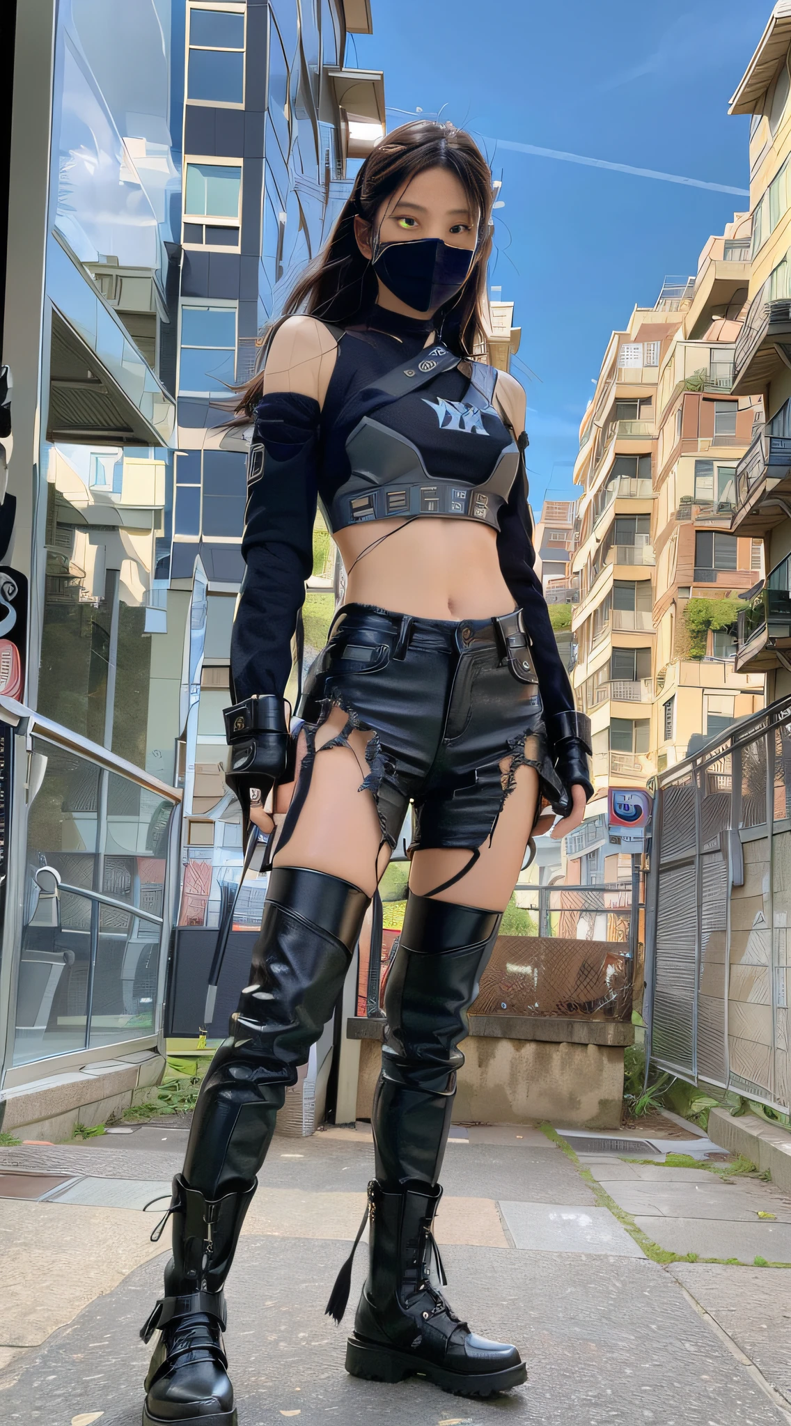 (1girl:1.3), Solo, __body-parts__, Kim Ji-ni Jennie Face, Marvel Style, Hero Characters, Ruined City, War Scene, Full Body Shot, Mech Top, Leather Pants, Pistol, Gray-Black Tone, 8K Resolution Image, Intricate Symmetrical Details. The whole picture is invincible and heroic, mainly a complete picture of a woman standing all over her body, with smooth movements and a confident expression