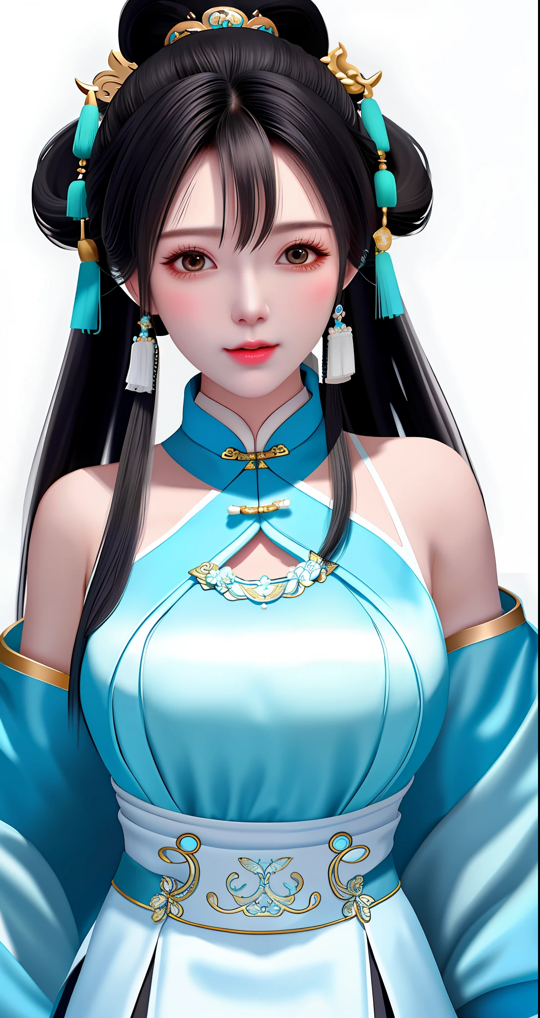 White background wall, wife mature Chinese style black single ponytail cyan clothes elegant temperament big breasts, half nude long legs chest close-up, high quality, detailed, HD