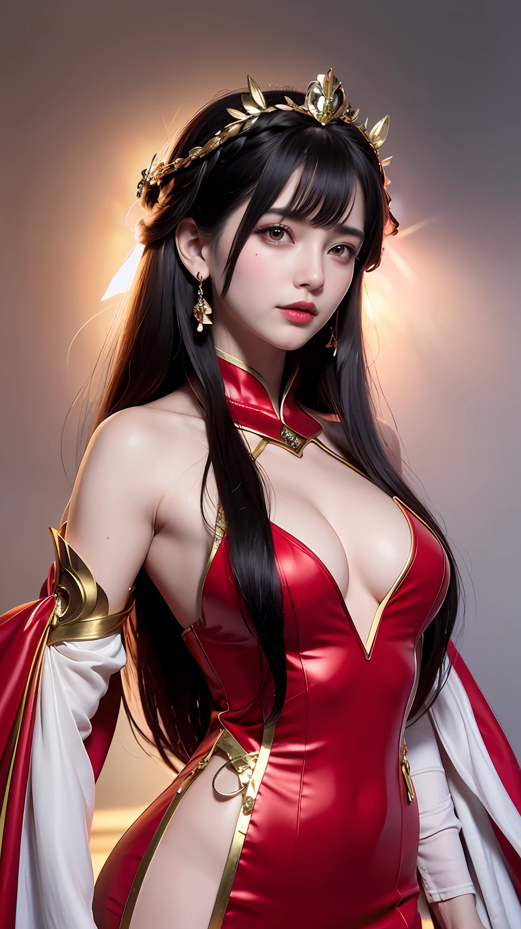 1 beautiful goddess, In the Dark: 1.6), surreal female portrait by David Hockney and Alphonse Mucha, fantasy art, korea doll, photorealism, dynamic lighting, artstation, poster, volumetric lighting, very detailed faces, 8k ultra, all body, Awarded, in the dark, deep shadow, low key, cowboy lens, (Red phoenix dress: 1.4), long hair, black hair, bust, luxurious palace, Royal style, goddess crown, Big round black eyes, style Royal, The most beautiful face, big and regular breasts, Super realistic, chinese women's clothing, polo neck sweater, Charming smile, The eyes are very well made up, guweiz, hanfu, Ancient style, loong, forehead mark, upper body, 2 bangs braided hair, Red lips,