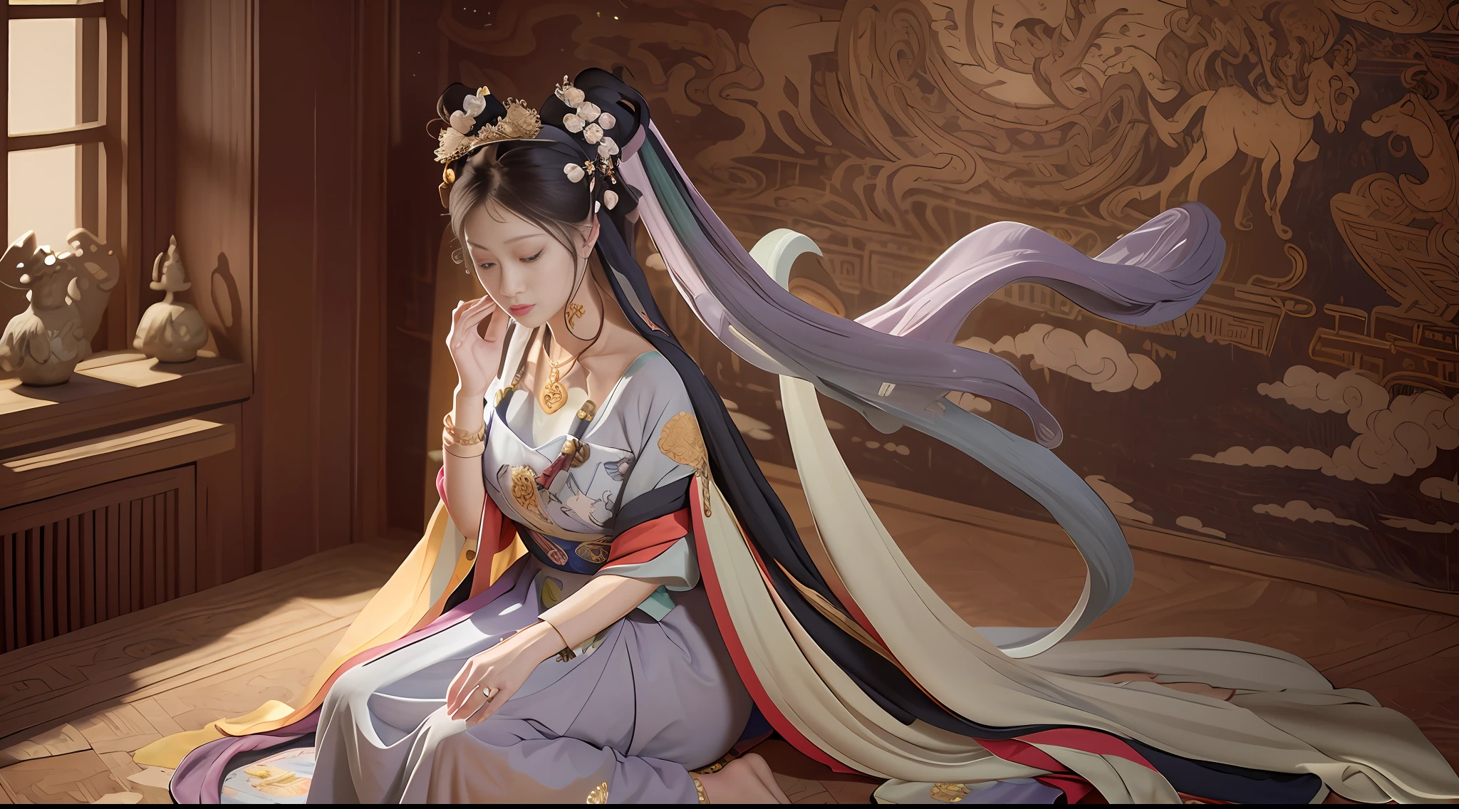 (Masterpiece, Monochrome, Color: 1.0), (Highest Quality: 1.2), (Ultra Quality: 1.1), Masterpiece, Best Quality, (Very Detailed CG Unity 8k Wallpaper), (Best Illustration), (Best Shadow), Realistic Lighting, Dunhuang Mural Paintings, Ancient Maiden, Lavender Dress, High bag, Beautiful, Beautiful, Beautiful, Beautiful, Beautiful, Beautiful, Beautiful, Beauty, Beauty, Beauty, Beauty, Beauty, Beauty structure