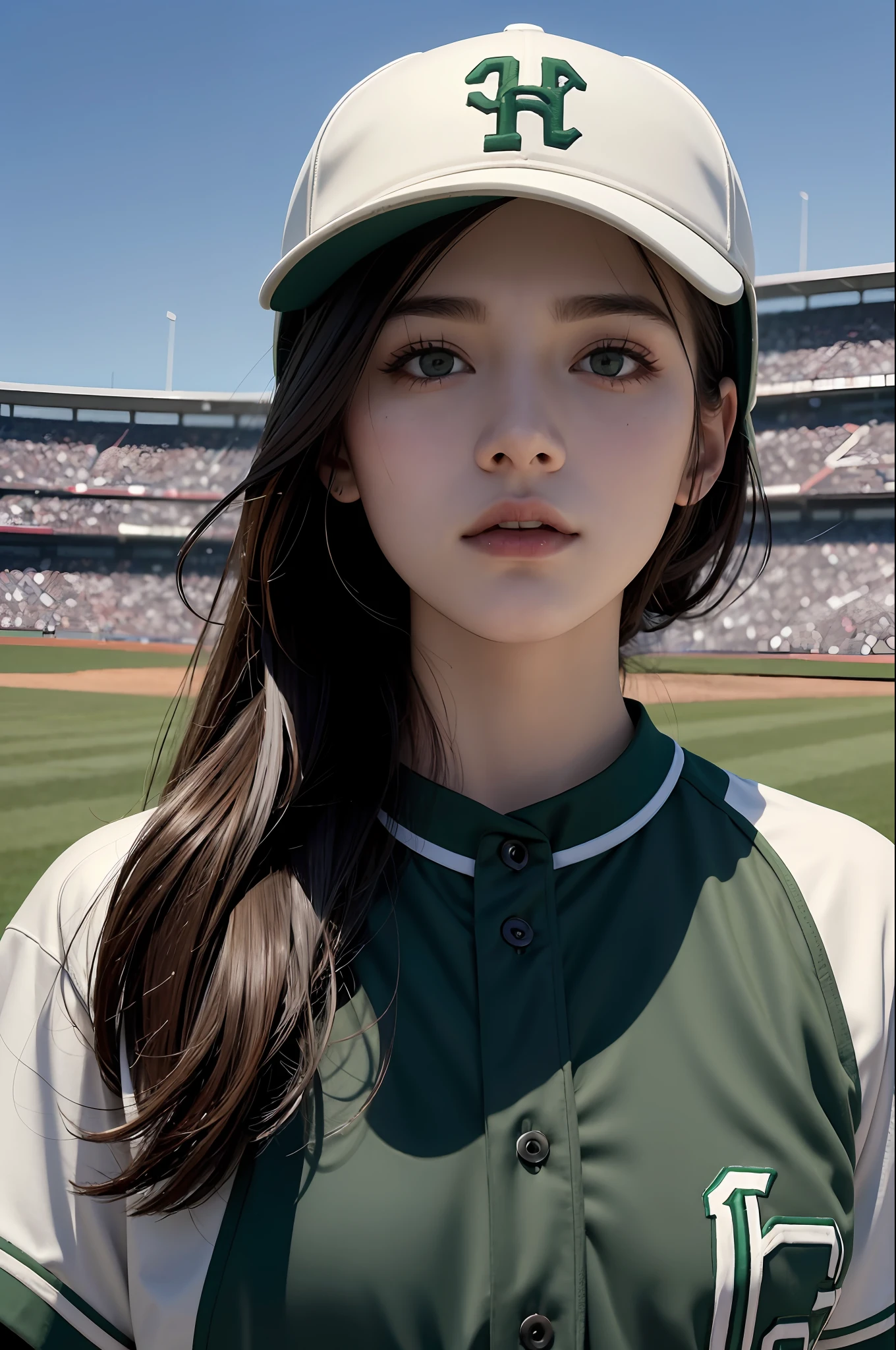 Best Quality, Masterpiece, Ultra High Resolution, Portrait, (Realisticity: 1.4), Original Photo, 1 Girl, Baseball Uniform, Wearing White Baseball Helmet, In the Field, Green Field Background, Detailed Facial Texture