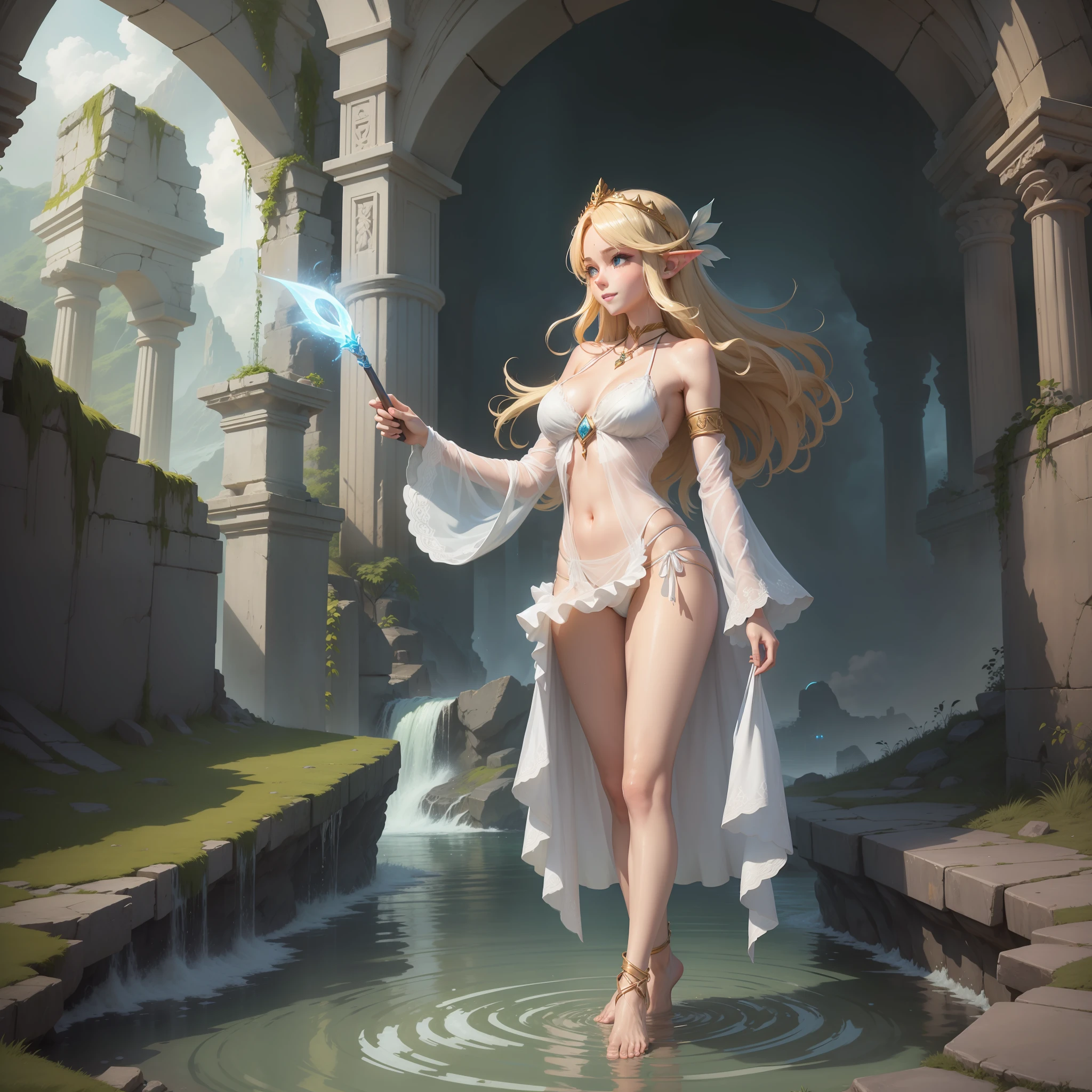 2D illustration, anime style, beautiful girl, elf, , blonde, blue eyes, hair ornament, smiling, chest open, whole white ultra-thin fabric, see-through ancient style robe, (no panties)), (the tip of the chest pushes the fabric up)), floating hem, holding a magic wand in one hand, collar, bangle, anklet, bare feet, ((up of a person, low angle,)) wet body, Wet clothes, fantastic ancient ruins eroded by vegetation, waterside, night sky, floating magical light, glowing water surface, wind blowing, ambient occlusion, halation